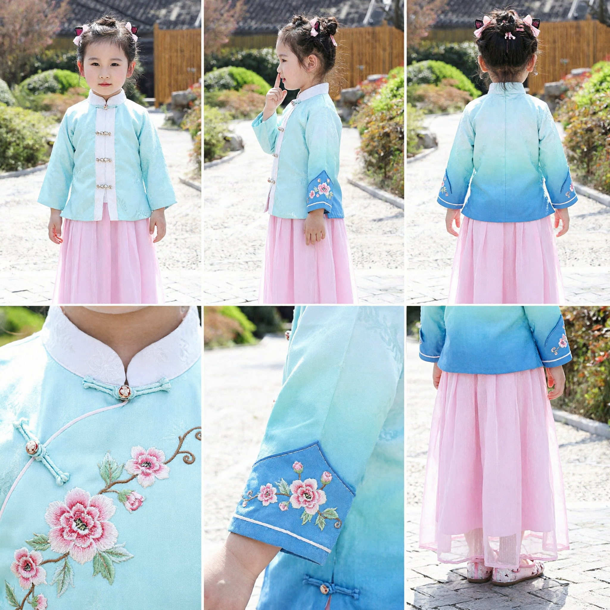 Traje Hanfu Chino Tradicional para Niñas, Vestido Antiguo con Chaqueta Azul y Falda Rosa para el Festival de Primavera - Asian Costume