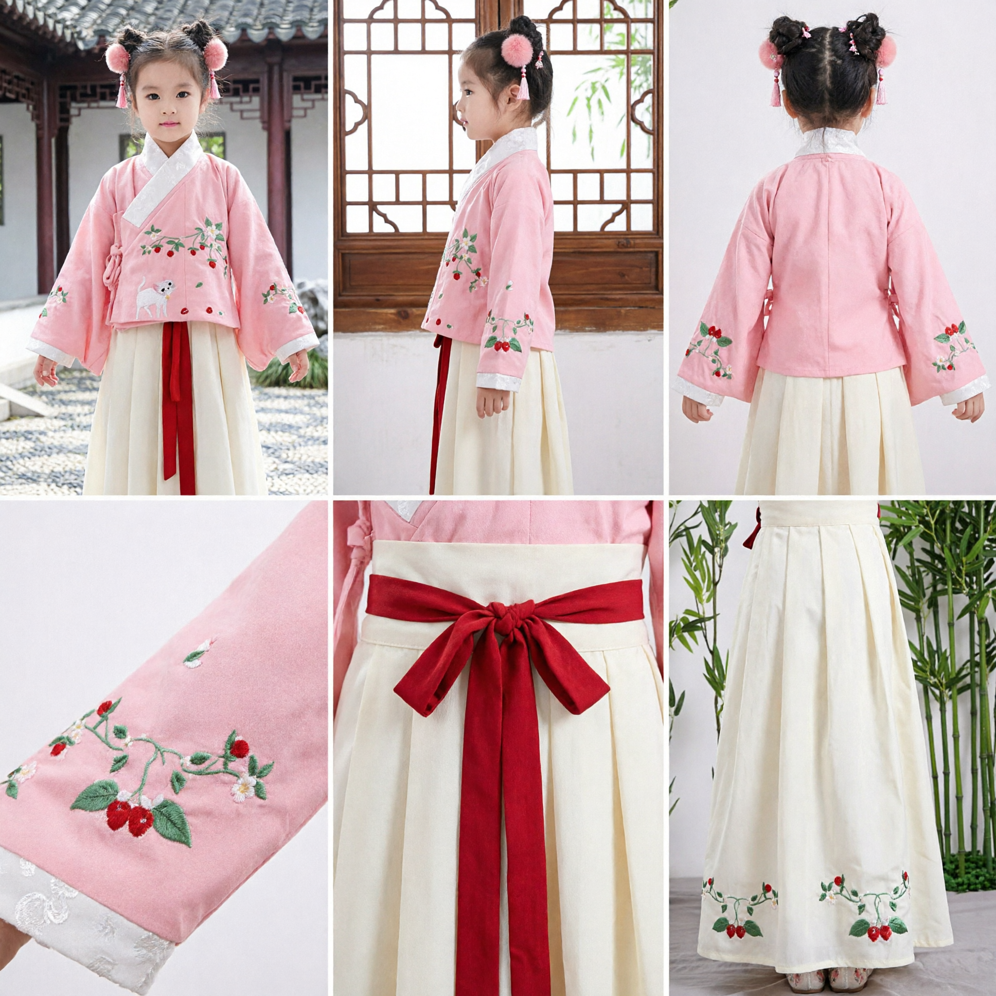 Traje Hanfu Chino Tradicional para Niños, Vestido Antiguo Rosa Bordado con Cerezos para Festivales y Actuaciones - Asian Costume