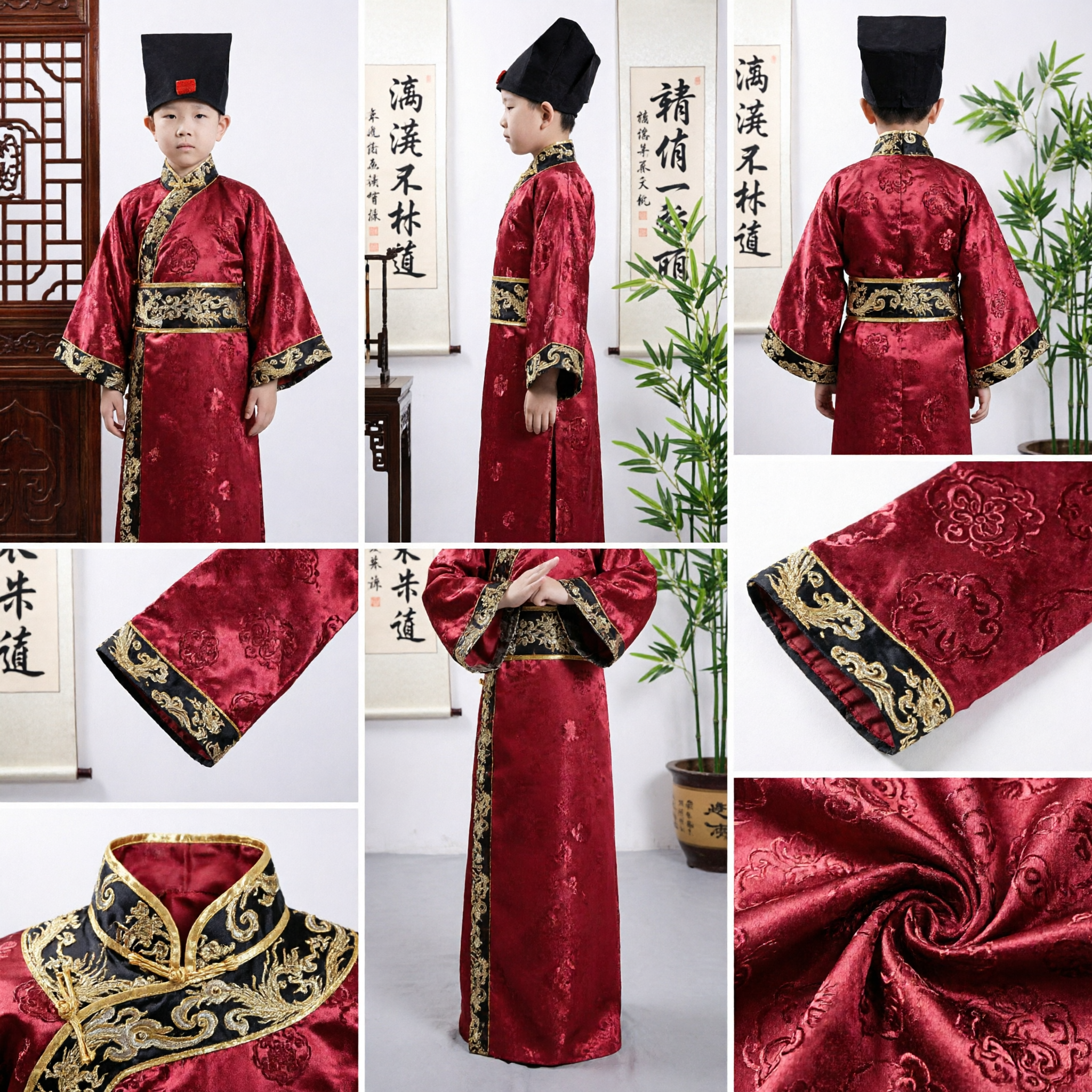 Tradycyjny chiński strój Hanfu dla chłopców, starożytna szata uczonego urzędnika, czerwony garnitur Tang (Tangzhuang) na dziecięce wesela i występy - Asian Costume