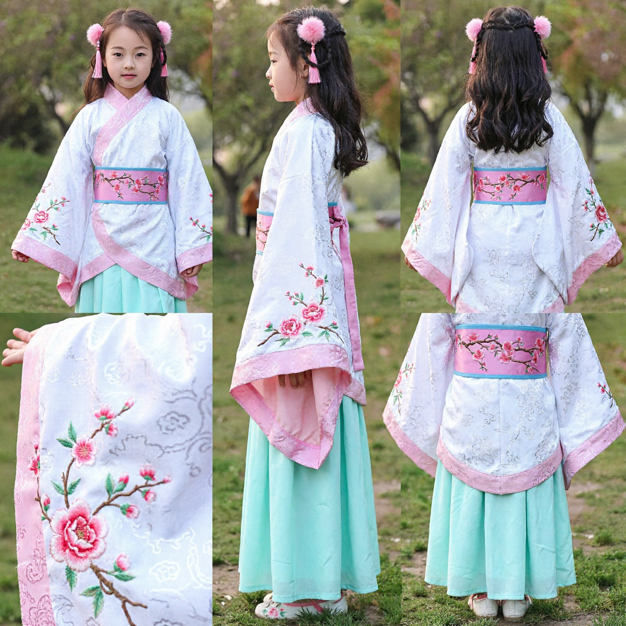 Traje Hanfu Chino Tradicional para Niñas, Vestido de Princesa Antiguo, Conjunto con Top Rosa y Blanco y Falda Verde - Asian Costume