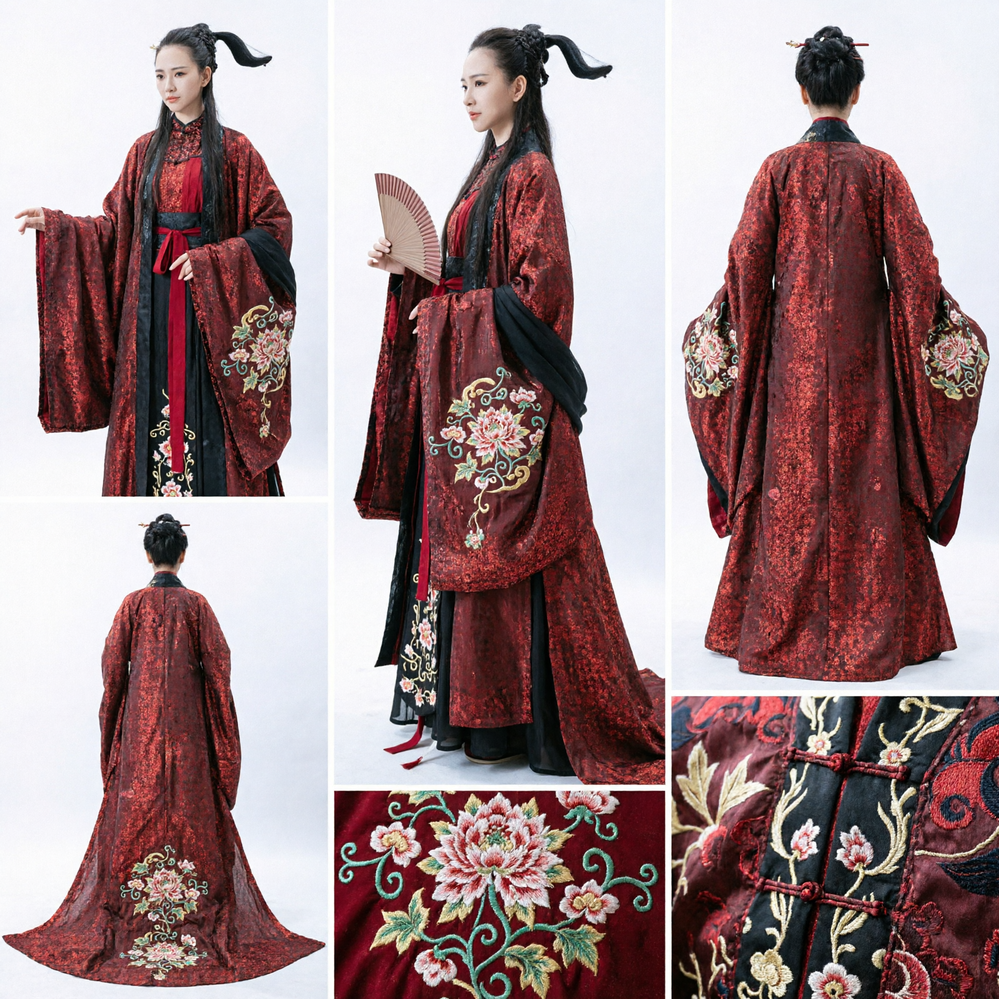 Traje Tradicional Chinês Antigo Hanfu Vermelho e Preto Túnica de Espadachim para Mulheres para Cosplay e Apresentação no Palco - Asian Costume