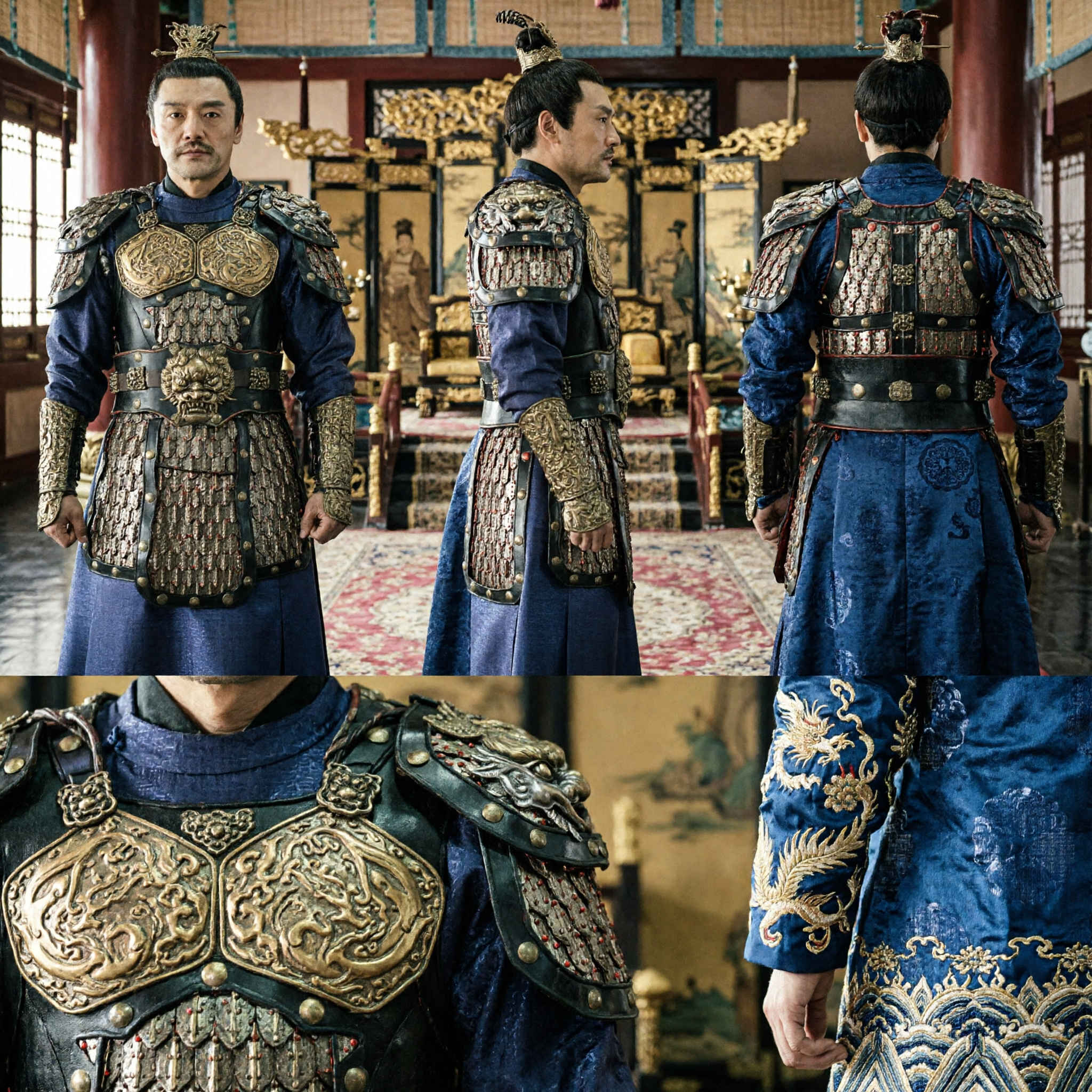 Costume d'armure de général chinois ancien pour hommes - Robe bleue guerrier Hanfu Tenue Cosplay pour drame historique - Asian Costume