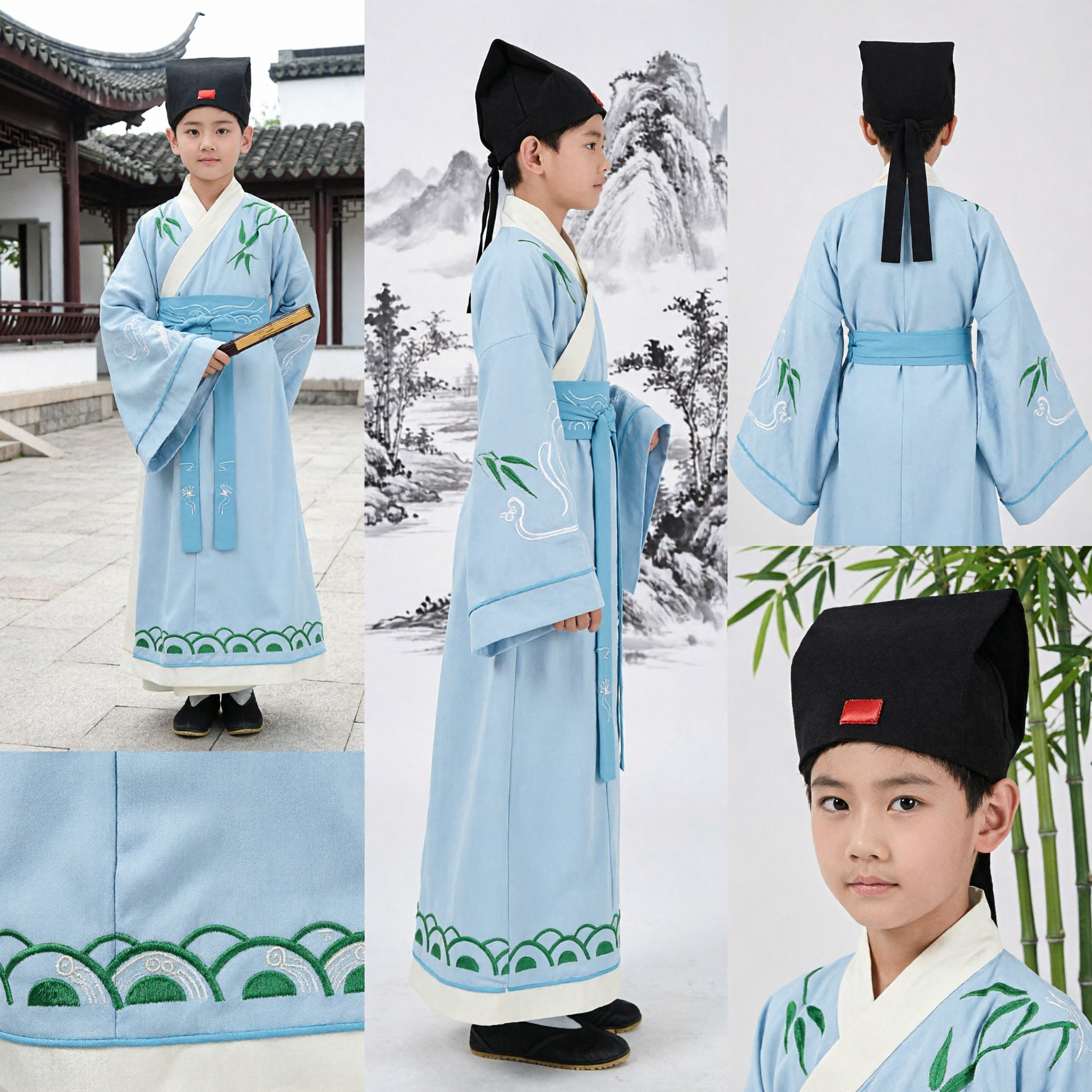 Costume Hanfu traditionnel chinois pour garçons, robe ancienne de lettré bleu clair avec broderie de bambou, spectacle sur scène - Asian Costume