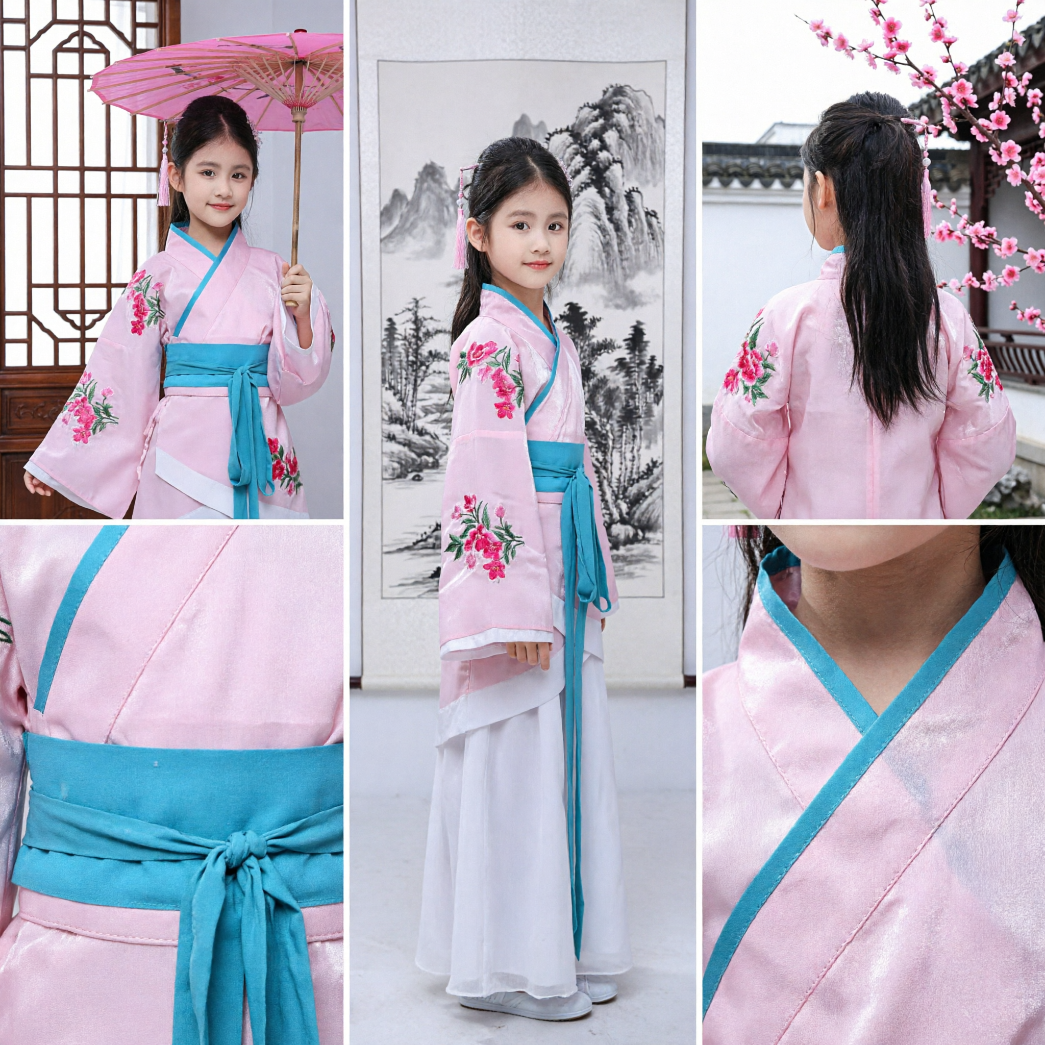 Hanfu Tradicional Chino para Niñas, Traje Antiguo con Bordado Floral Rosa, Vestido de Actuación Infantil - Asian Costume
