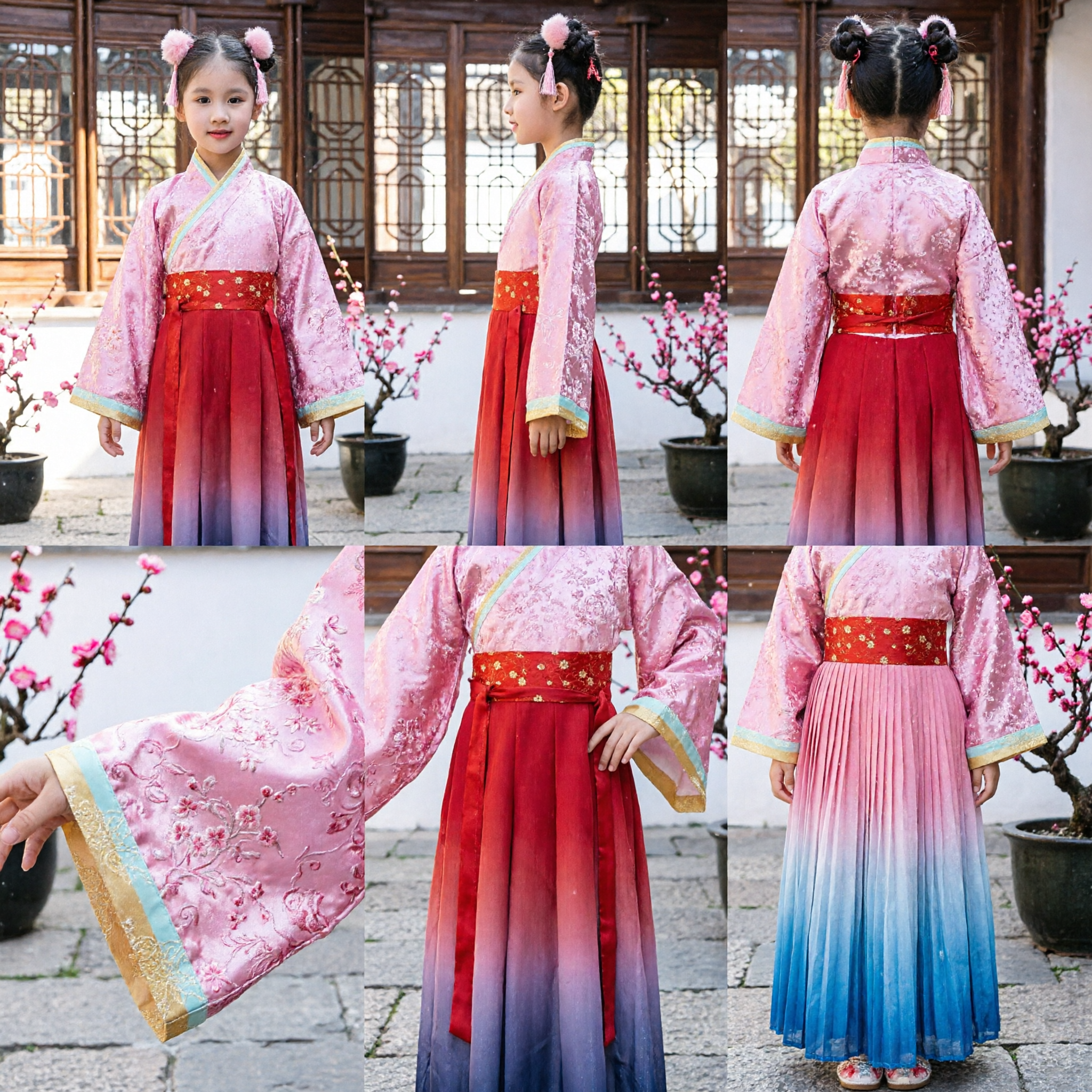Girls Traditional Chinese Hanfu Costume Ancient Princess Pink Brocade Top Red Skirt Kids Festival Wear - Asian Costume