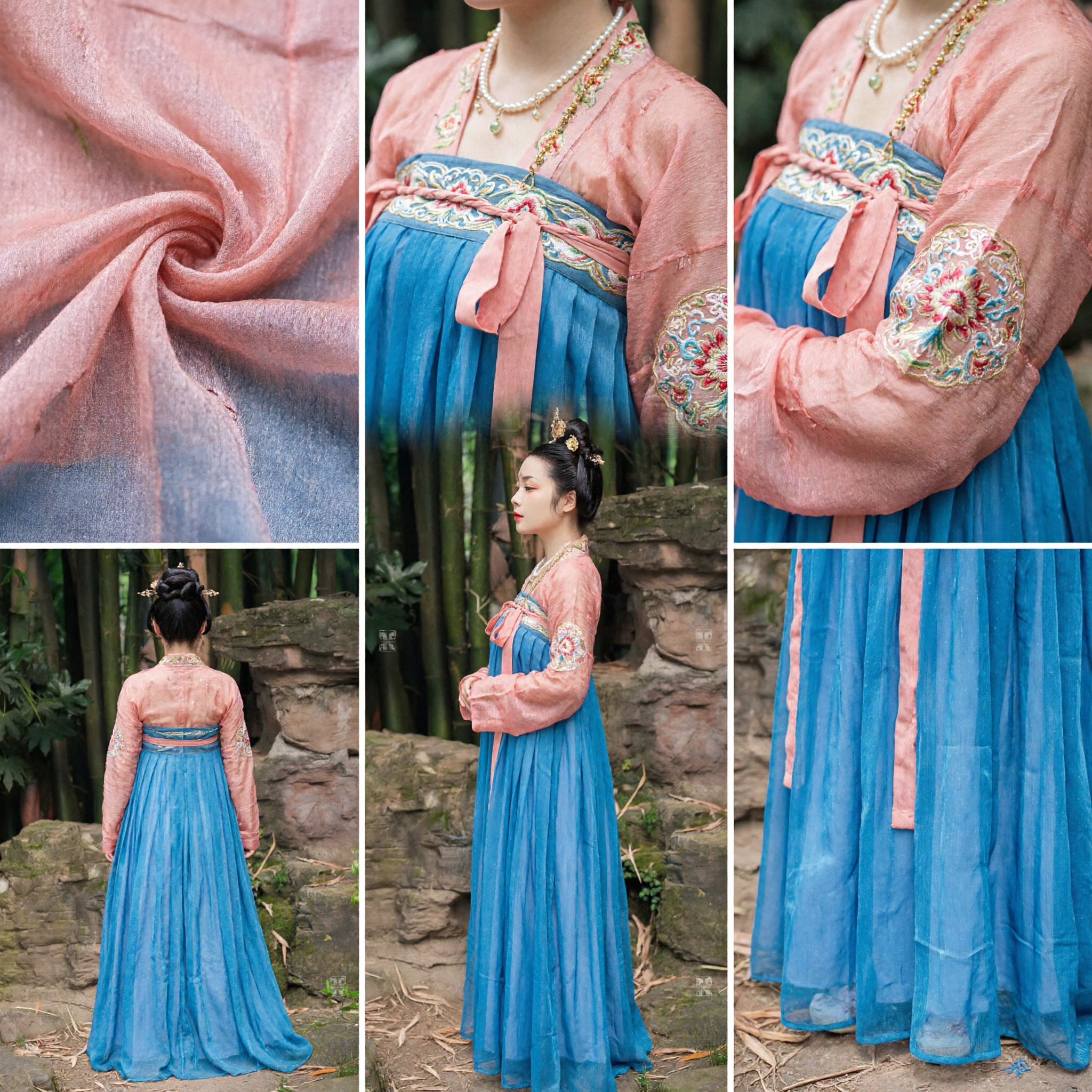 Traje Tradicional Chinês Hanfu da Dinastia Tang Vestido de Princesa Antiga Conjunto de Saia Azul com Top Rosa para Mulheres - Asian Costume