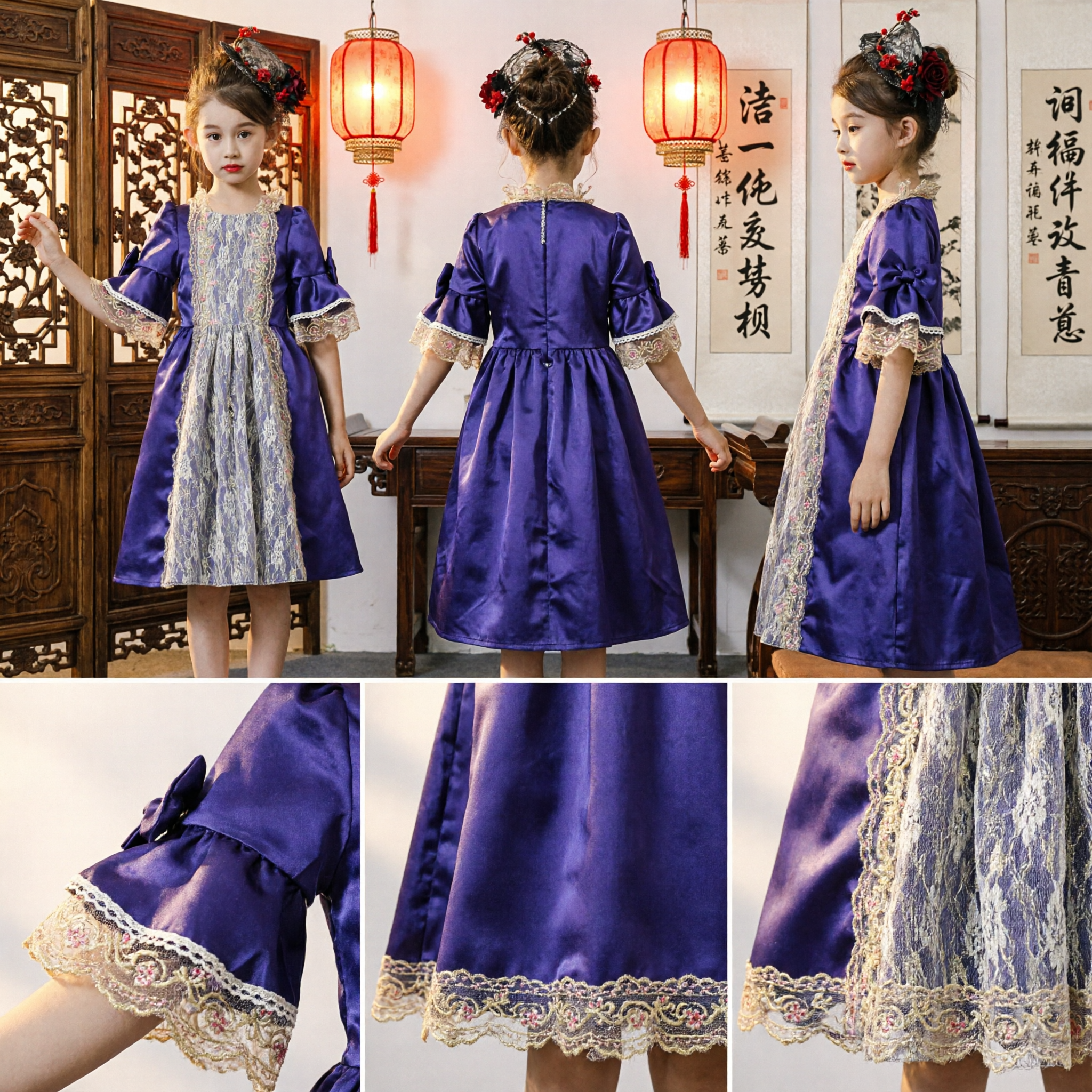 Abito da principessa di corte rinascimentale viola, costume in stile europeo di pizzo e raso per bambine e feste - Asian Costume
