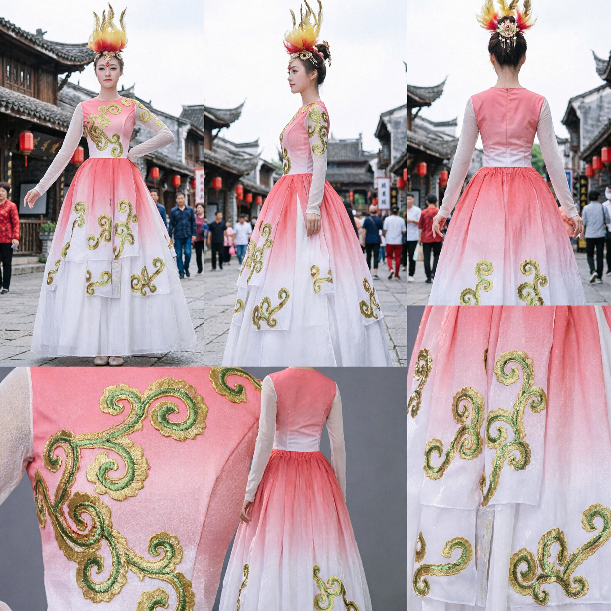 Traje Tradicional de Danza Folclórica China para Mujer Vestido Rosa Degradado Bordado para Presentaciones Escénicas y Festivales - Asian Costume