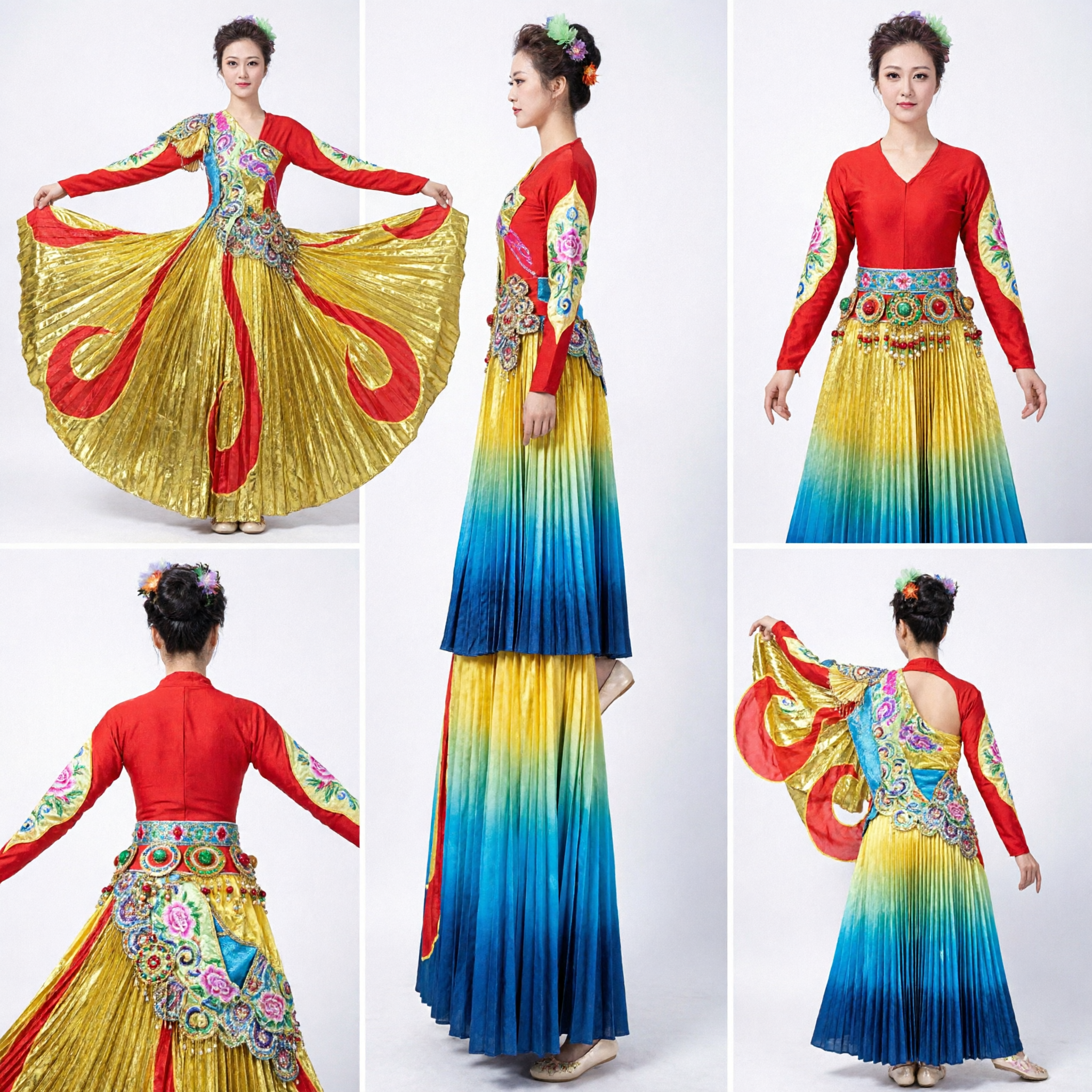 Traje Tradicional Chinês de Dança para Mulheres Saia Borboleta Bordada em Ouro e Vermelho Vestido de Performance Folclórica Yangge - Asian Costume