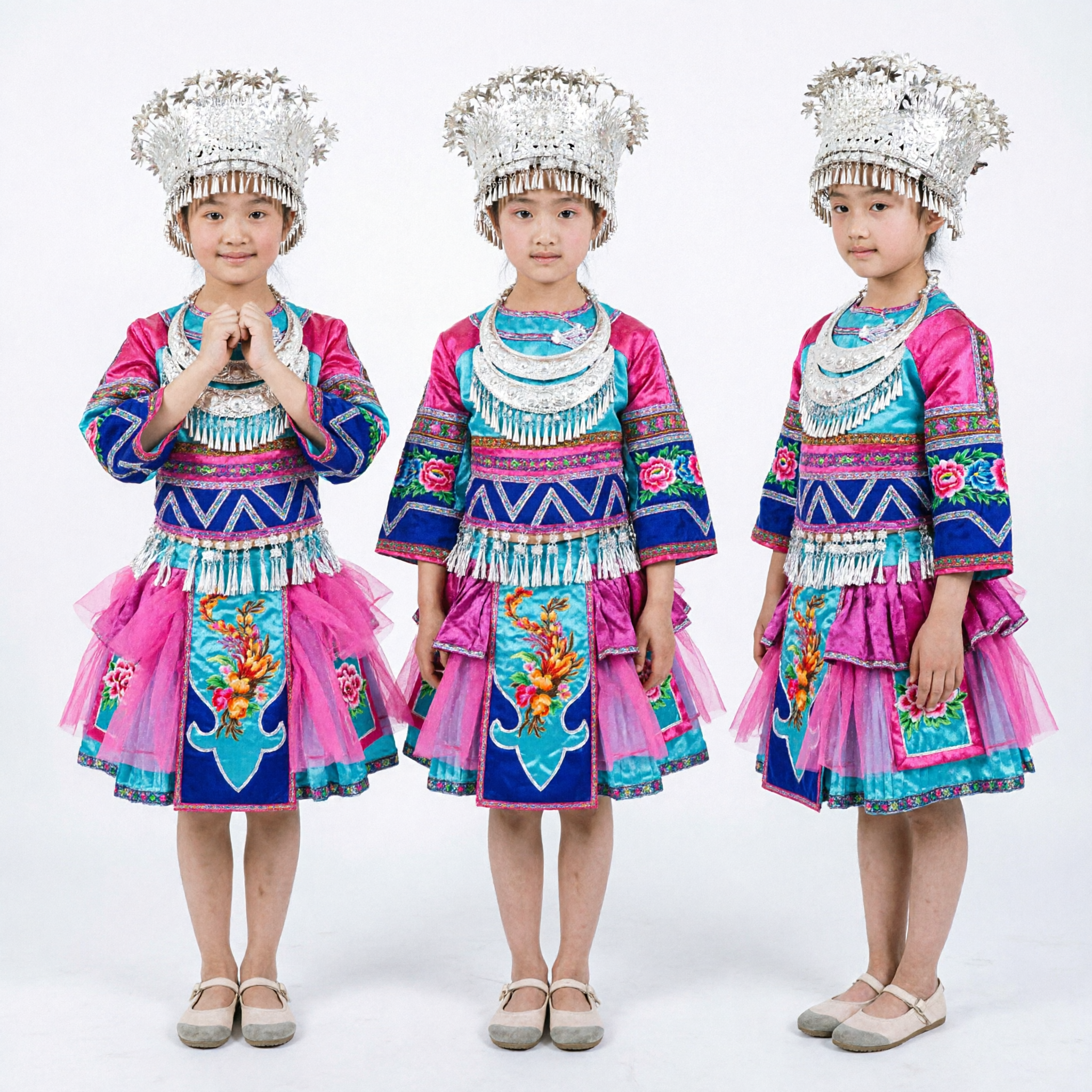 Dziecięcy Dziewczęcy Tradycyjny Chiński Ludowy Kostium Taneczny Mniejszości Etnicznej Miao Różowo-Niebiesko-Srebrny Nakrycie Głowy Strój Sceniczny - Asian Costume