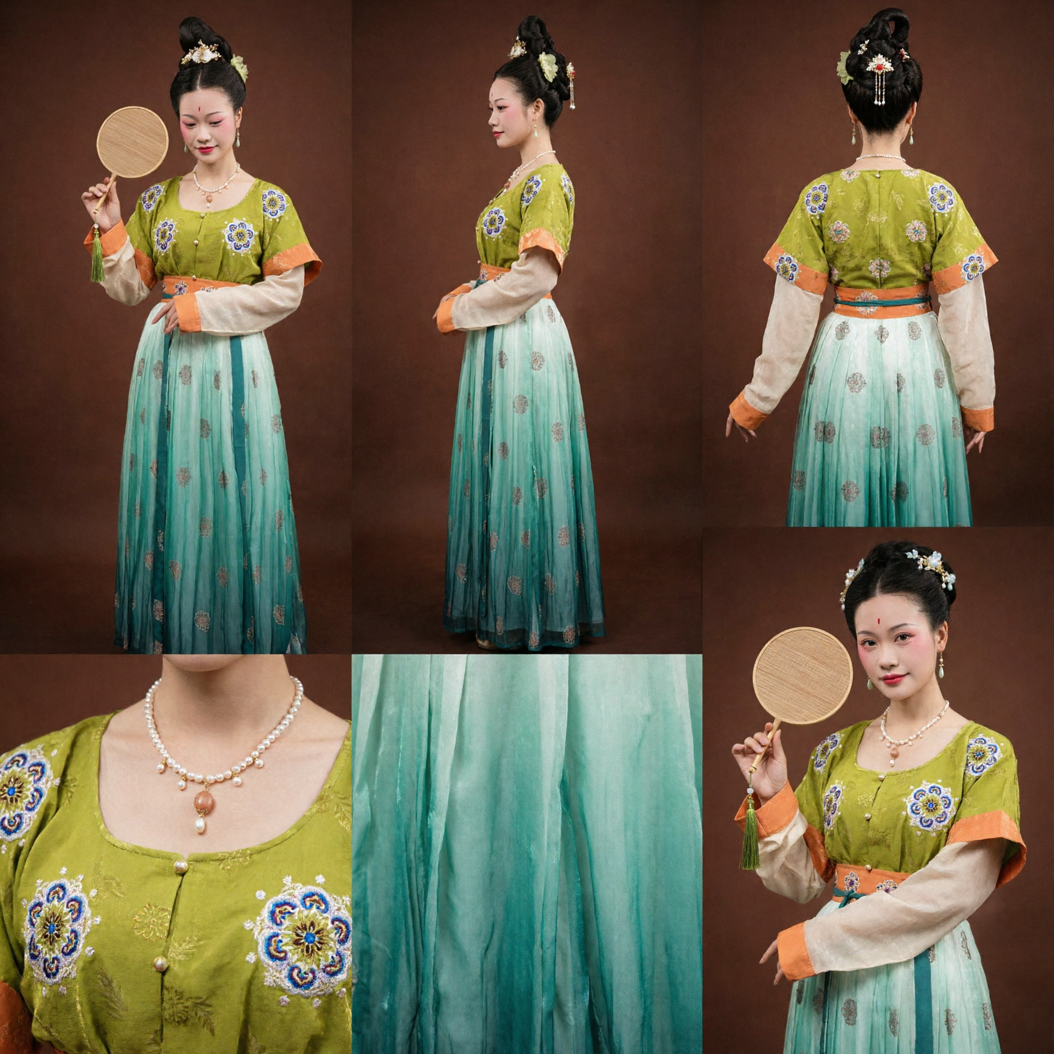 Traje Tradicional Hanfu de la Dinastía Tang China para Mujer Top Verde Bordado y Falda Plisada en Degradado para Cosplay Histórico - Asian Costume