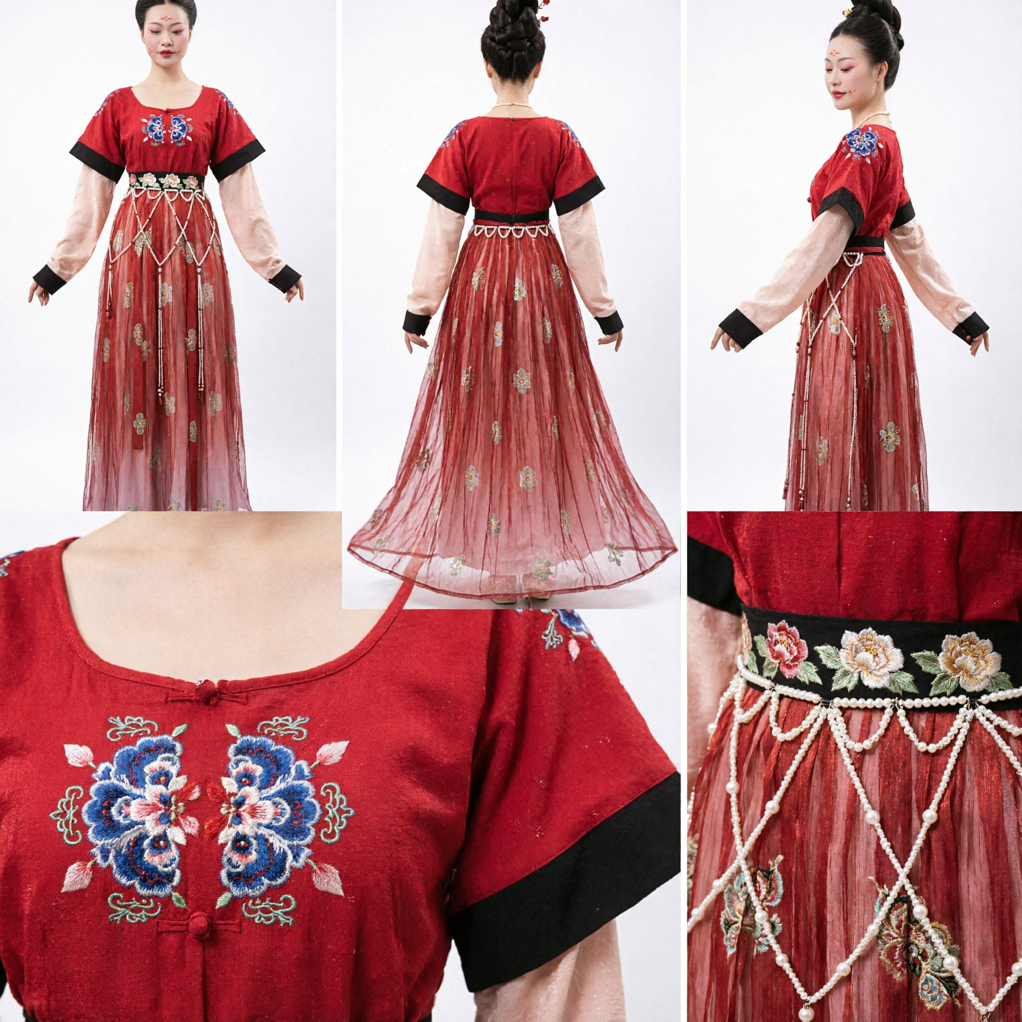 Traje Tradicional Hanfu de la Dinastía Tang China para Mujer Vestido Rojo Bordado de Dama del Palacio para Danza y Representaciones - Asian Costume