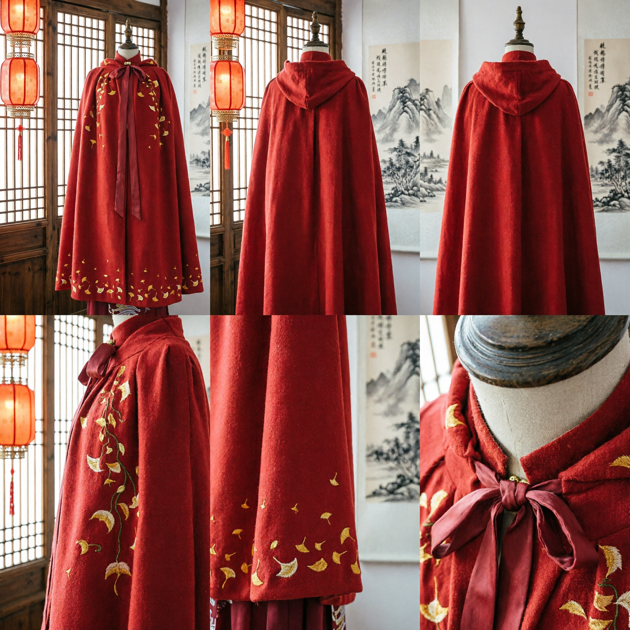 Capa de Lana Roja Tradicional China con Bordado de Hoja de Ginkgo para Hanfu Cosplay de Invierno para Mujer - Asian Costume