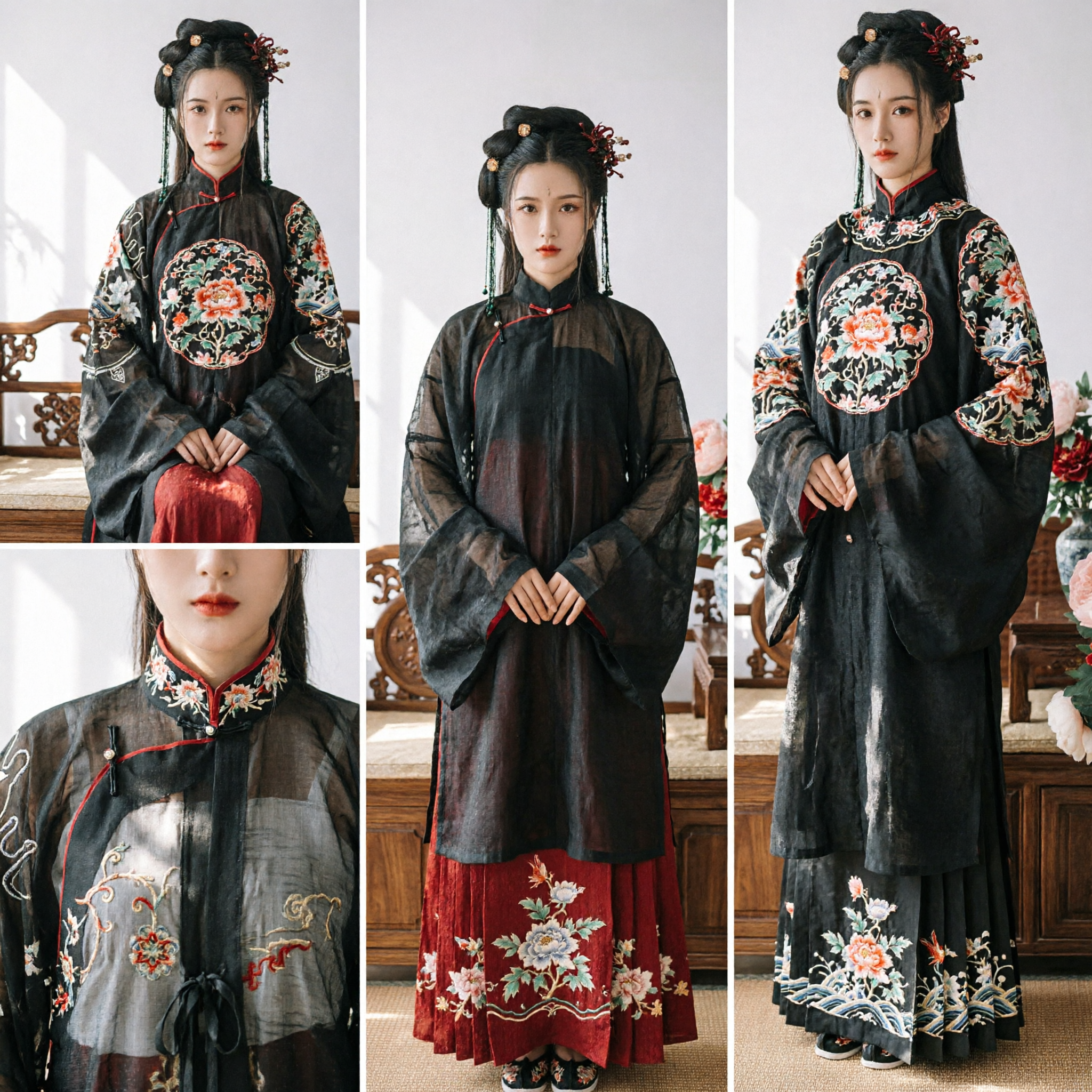 Costume Hanfu traditionnel chinois pour femmes Robe noire transparente et jupe rouge brodée Ensemble de vêtements anciens - Asian Costume