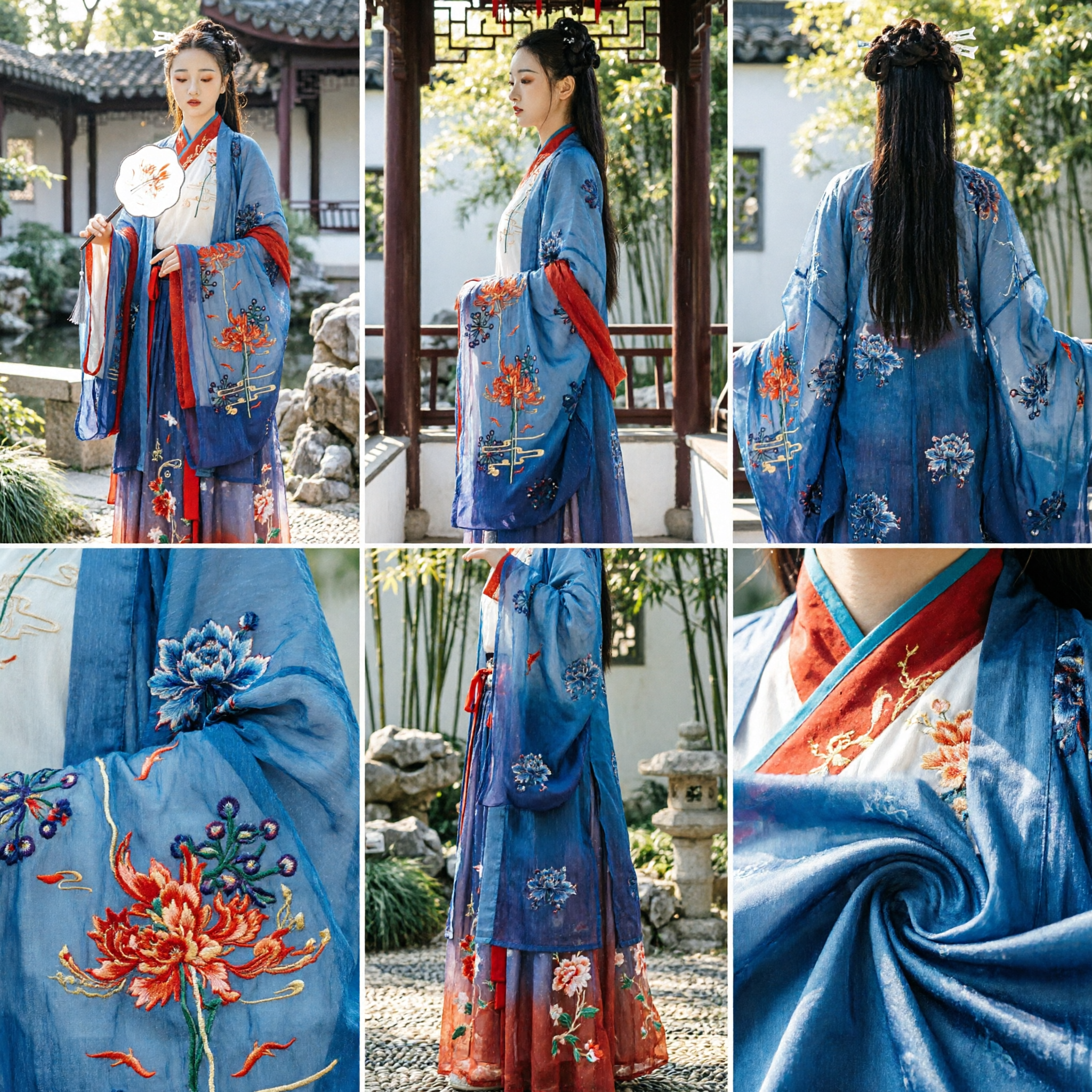 Hanfu élégant bleu brodé de fleurs Costume ancien traditionnel chinois pour femmes pour cosplay historique et photographie - Asian Costume