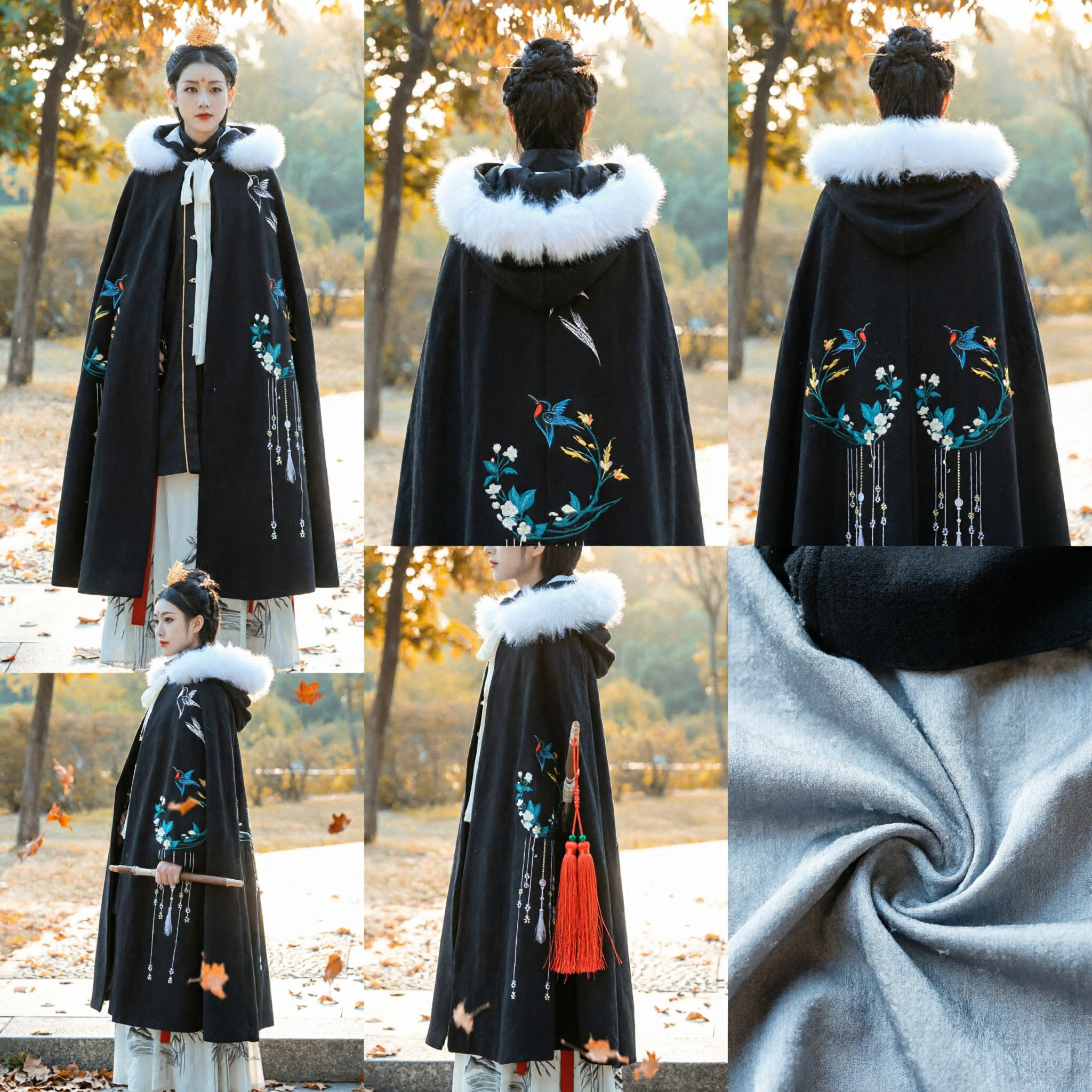 伝統中国漢服冬用クローク 黒刺繍ケープ白毛皮襟付き 古代コスチューム女性向け - Asian Costume