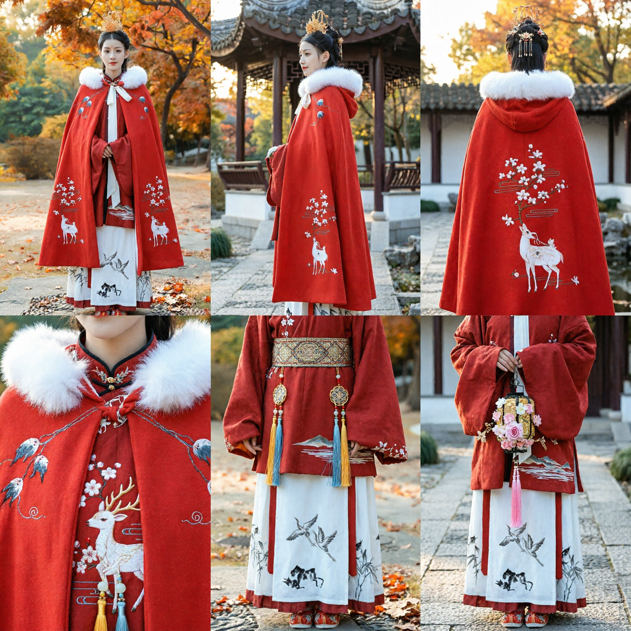 Mantello Rosso Hanfu Tradizionale Cinese con Collo di Pelliccia Bianca e Ricamo di Cervo Costume Antico per Donne - Asian Costume