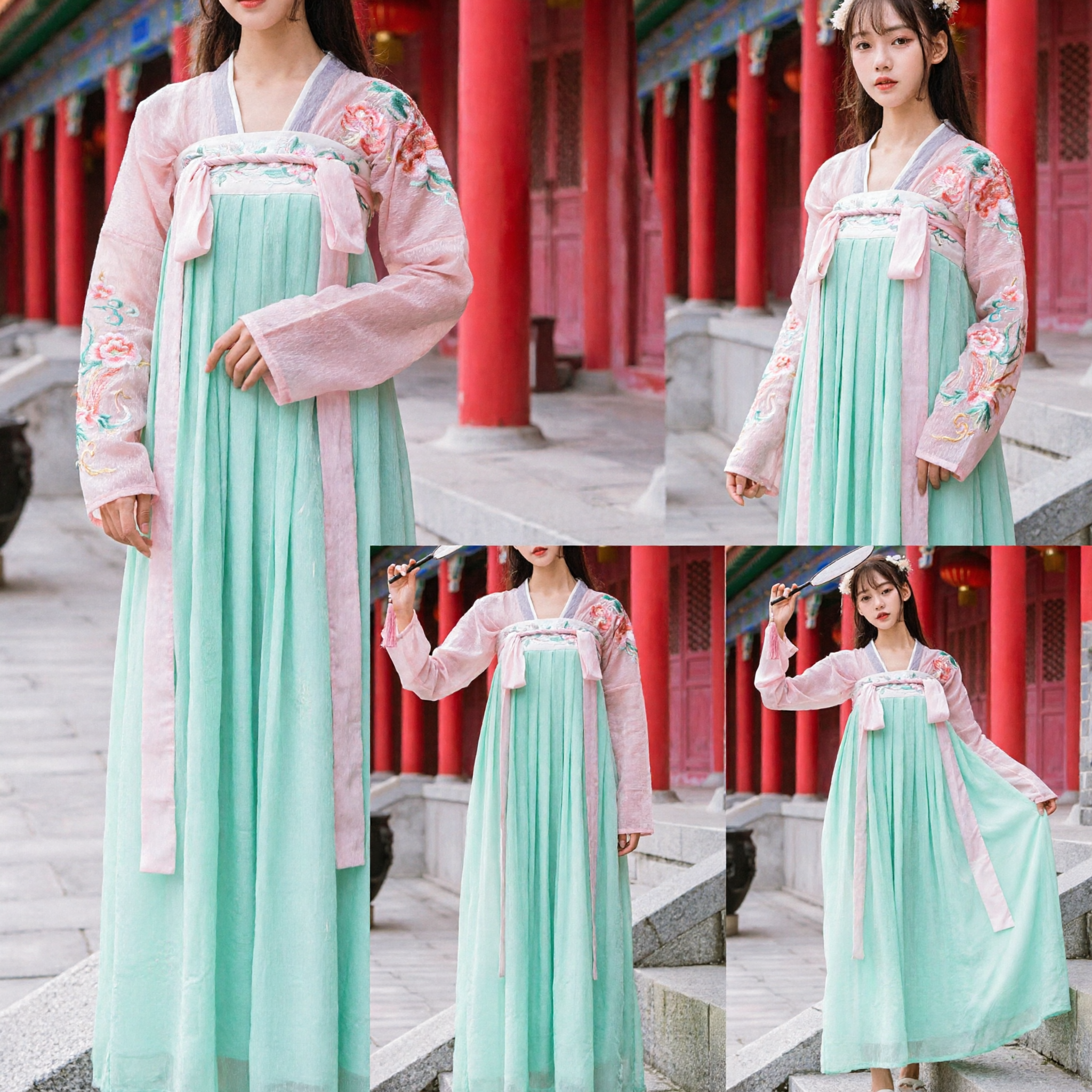 Elegante Traje Tradicional Hanfu Chino Falda Verde en Degradado y Top Rosa Vestido Antiguo de la Dinastía Tang para Mujer - Asian Costume