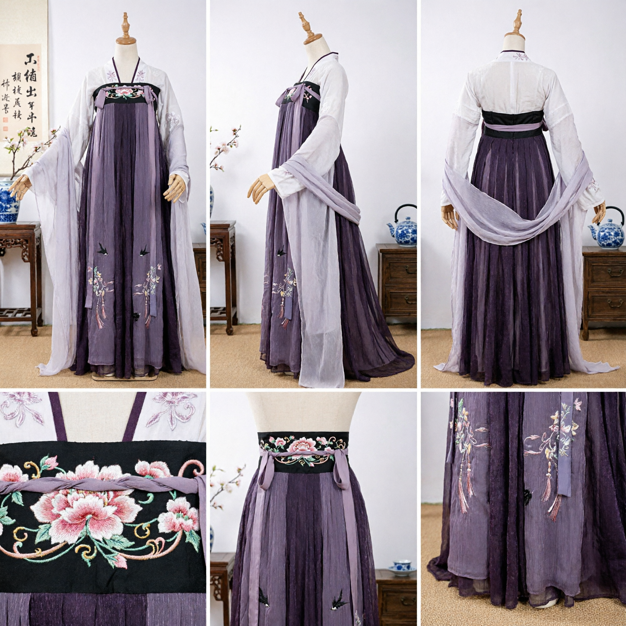 Hanfu Tradizionale Cinese con Sfumatura Viola e Ricami, Abito Ruqun in Stile Dinastia Tang, Costume Antico per Donne - Asian Costume