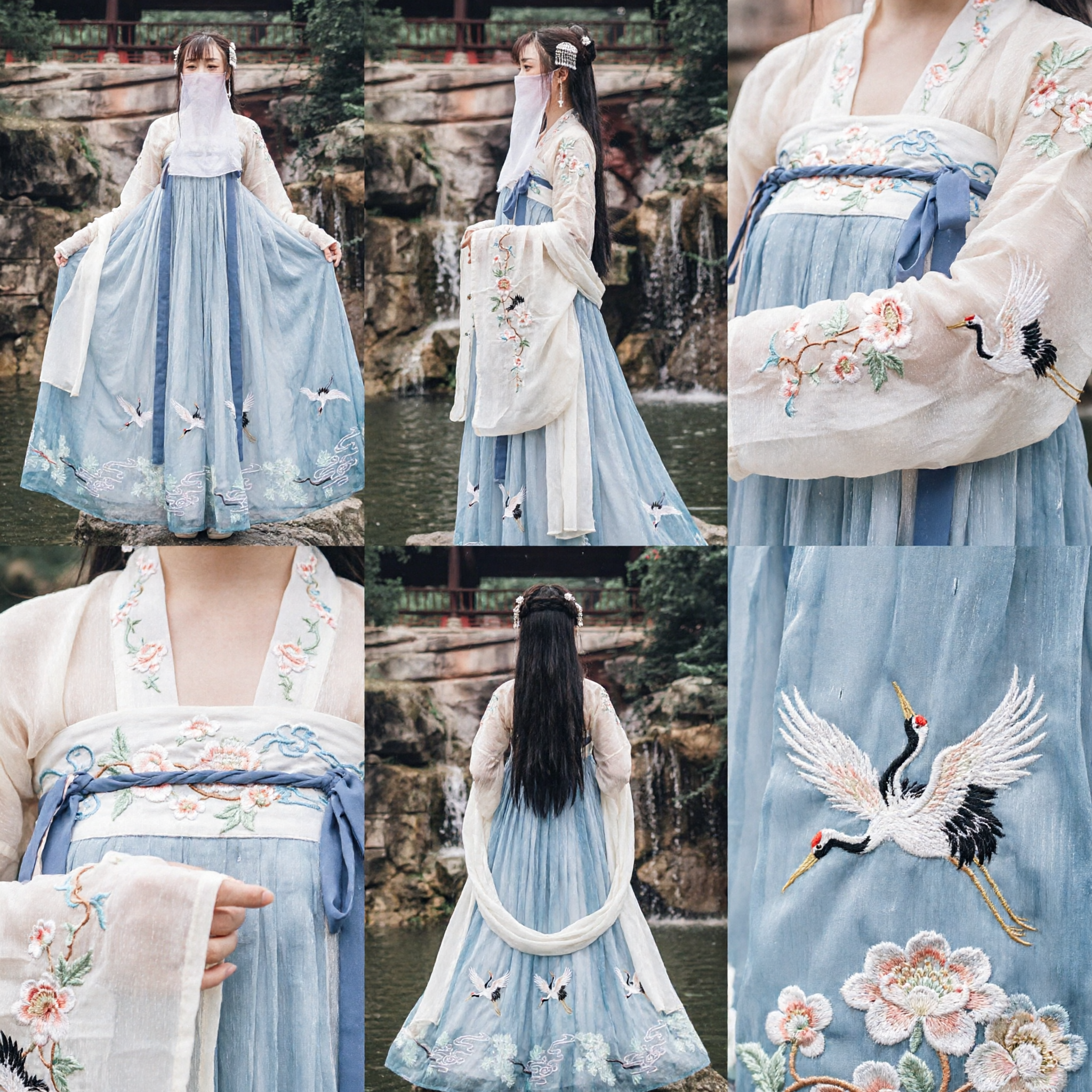 Hanfu Chinês Antigo, Traje Tradicional para Mulheres, Vestido de Fada com Bordado de Garça Azul para Performance - Asian Costume