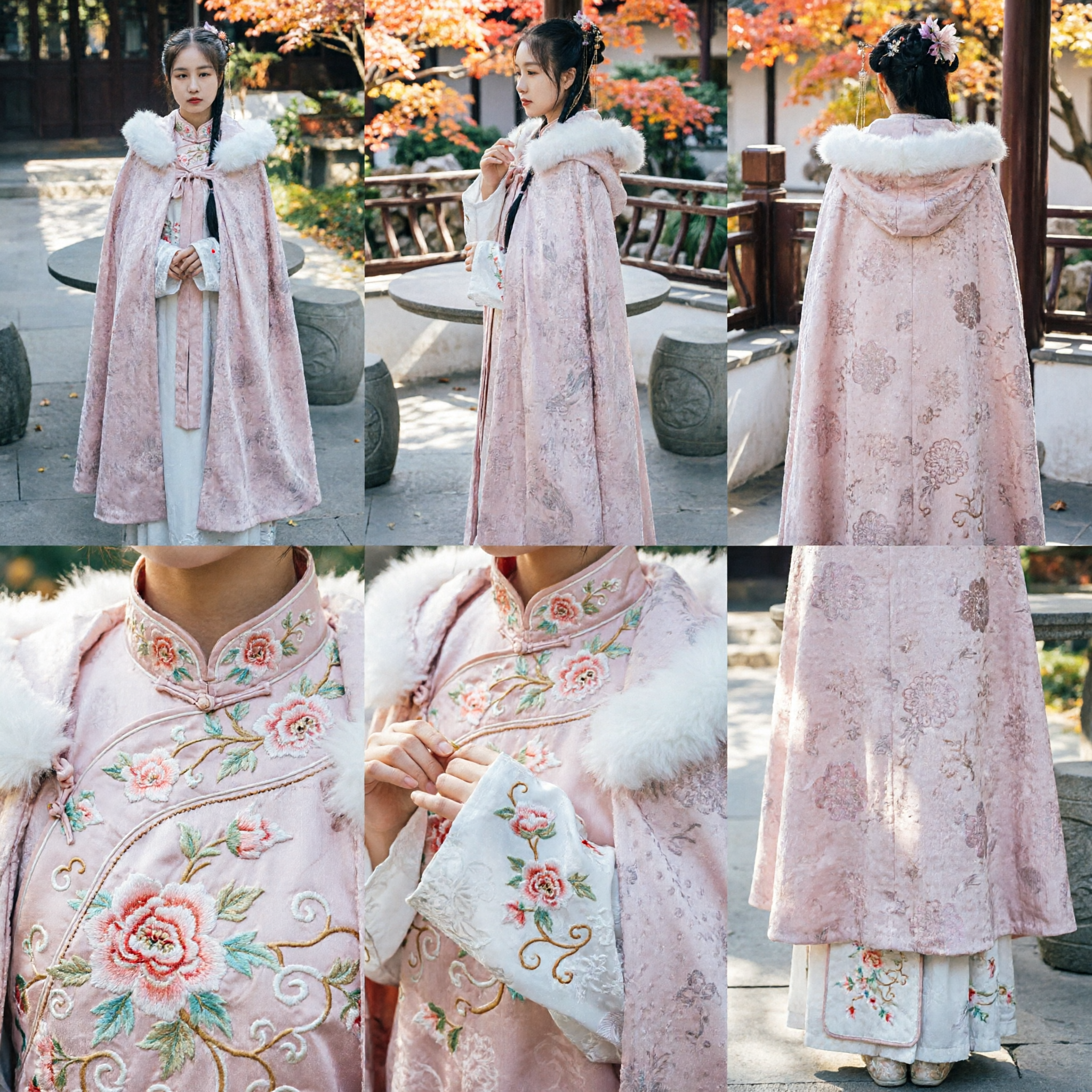 Manteau Hanfu d'hiver élégant en jacquard rose avec col en fourrure blanche - Costume ancien traditionnel chinois pour femmes - Asian Costume