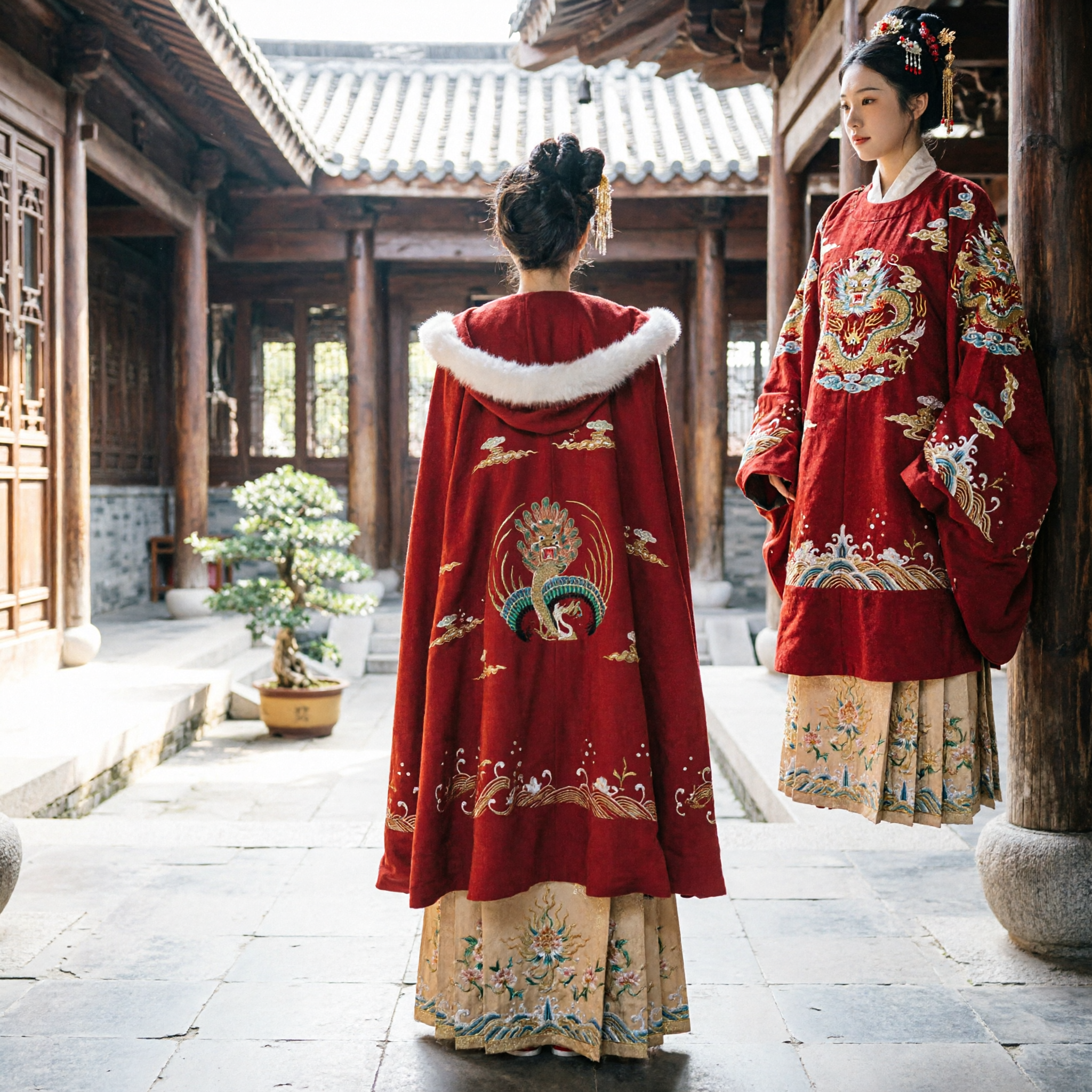 عباءة الهانفو الحمراء التقليدية الصينية - مع فراء أبيض وتطريز طائر الفينيق، زي زفاف شتوي للنساء - Asian Costume