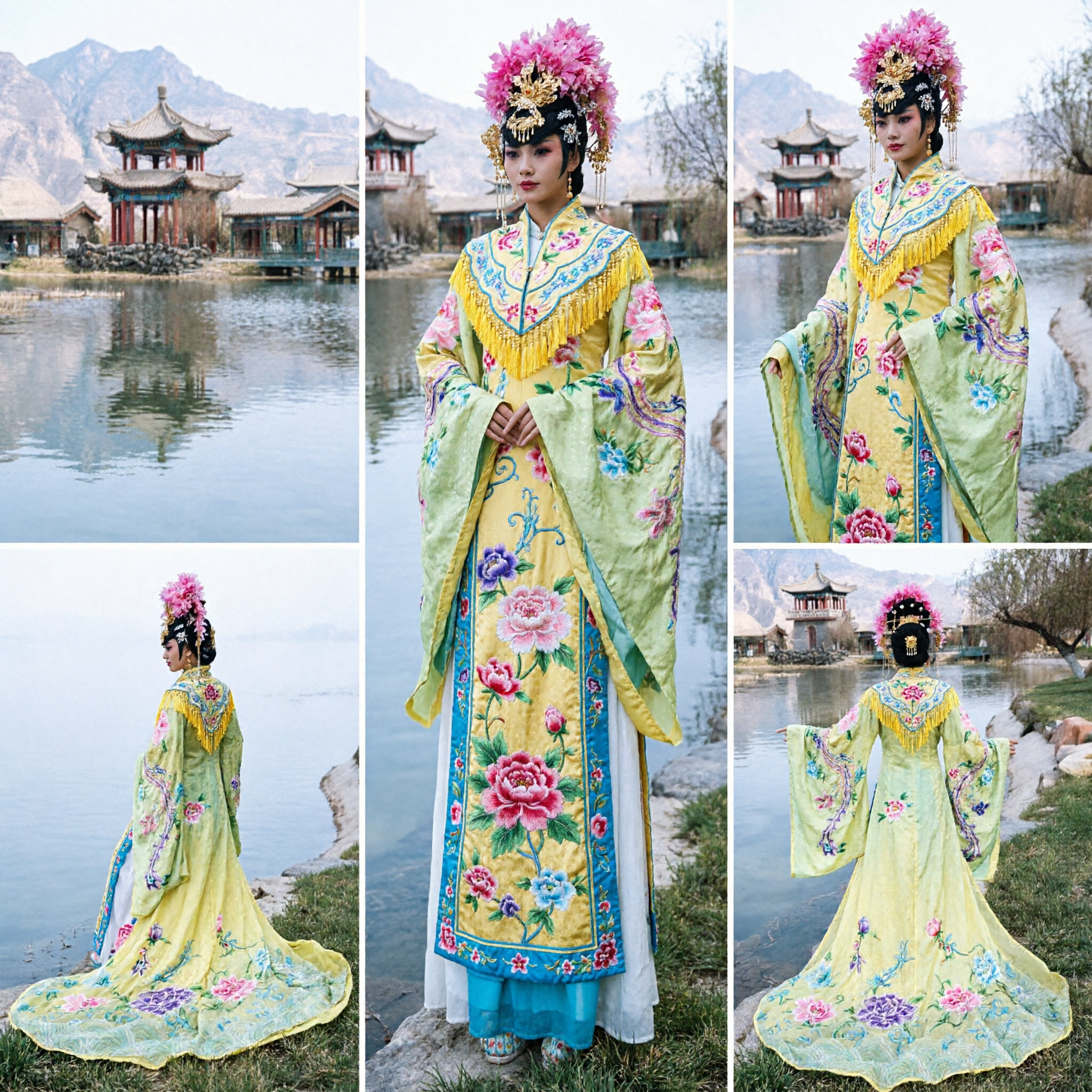 Traditionelles chinesisches Peking-Oper-Kostüm Gelbe Blumenstickerei Antikes Prinzessinnenkleid Bühnenauftrittskleidung für Frauen - Asian Costume
