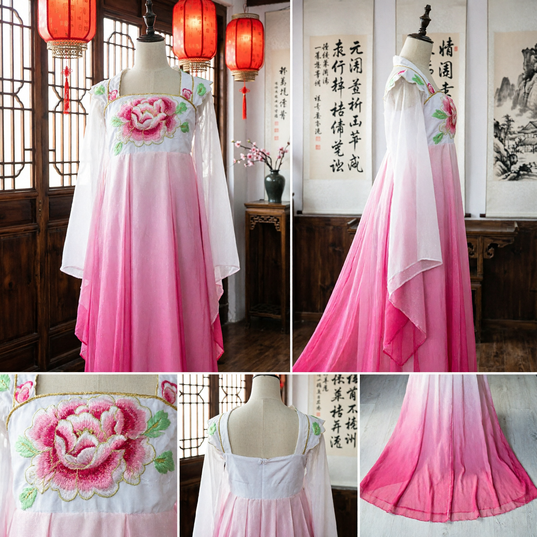 Roze Verloop Chinese Klassieke Danskostuum Traditionele Hanfu Jurk Bloemen Borduursel Podiumoptreden Kleding voor Vrouwen - Asian Costume
