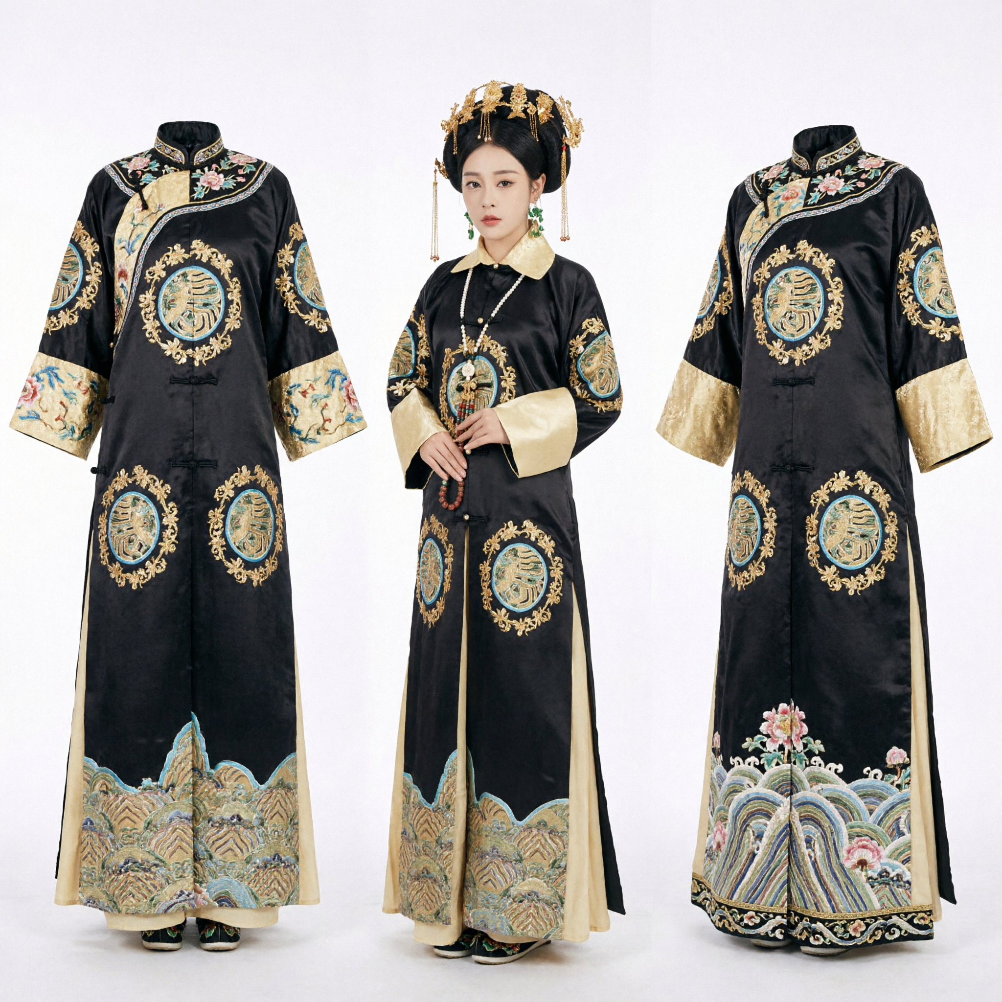 古代中国清王朝皇帝側室衣装 黒刺繍宮廷ローブ 伝統的服装 女性用 - Asian Costume