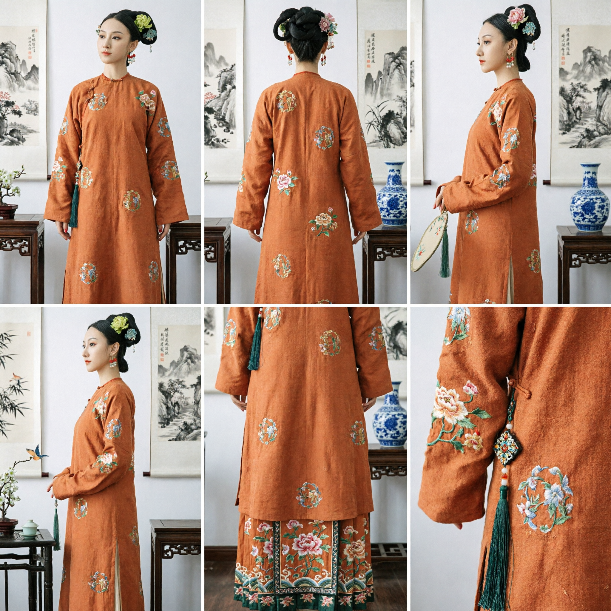 Traje da Dinastia Qing Tradicional Chinês para Mulheres, Robe Longo Laranja Bordado, Vestido Hanfu Antigo de Dama do Palácio - Asian Costume
