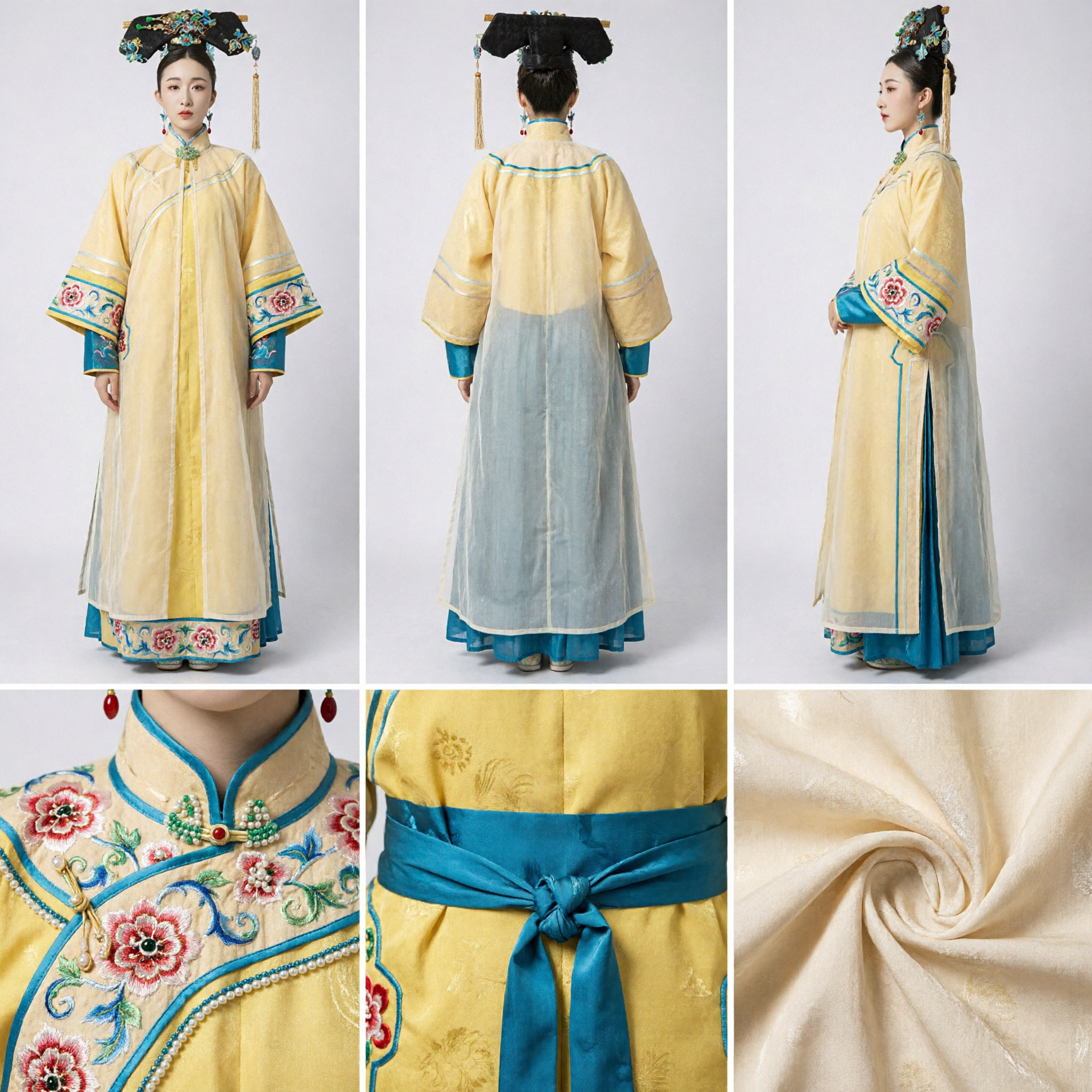 古代中国清王朝宮廷女官黄色漢服衣装と頭飾りセット 女性用コスプレ - Asian Costume