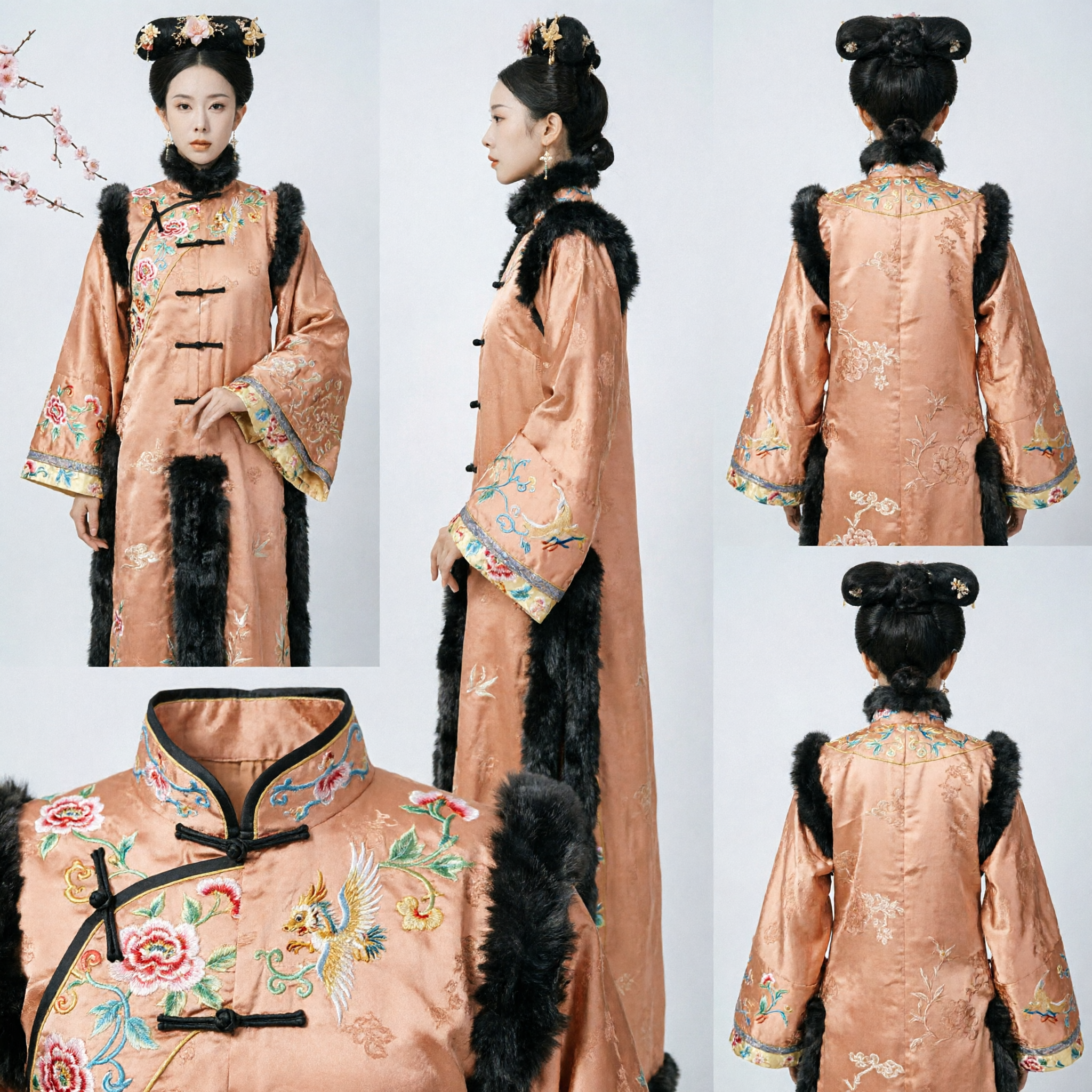 Traje de Princesa Manchú de la Dinastía Qing China Antigua Túnica Larga Bordada en Melocotón con Ribete de Piel para Cosplay - Asian Costume