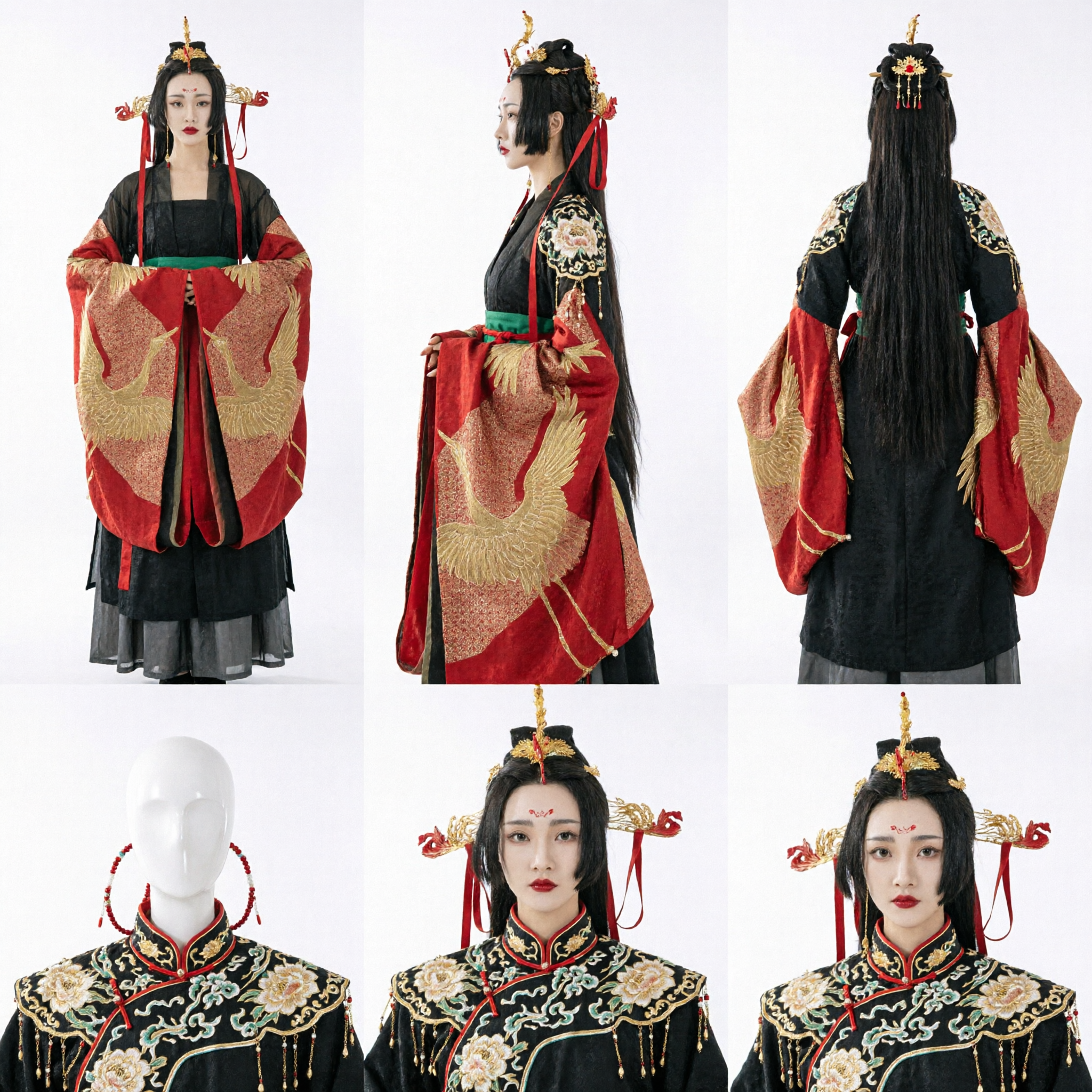 Traditionelles chinesisches Hanfu Antikes Adelsdamen-Kostüm Rot-schwarzes Kleid Gold-Phönix-Stickerei für Frauen Cosplay - Asian Costume
