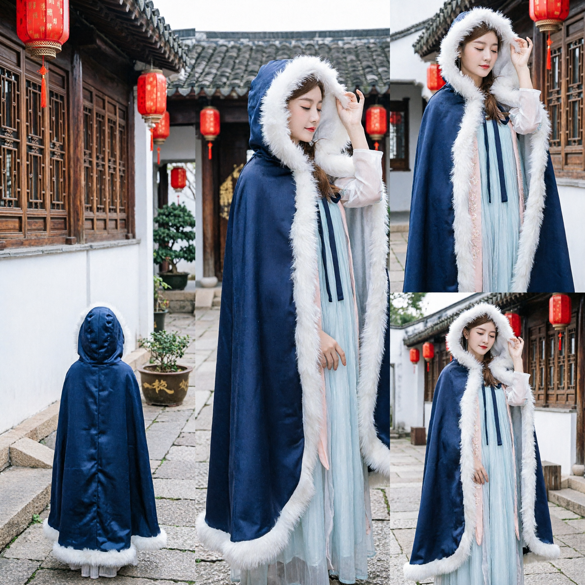 Cape Hanfu traditionnelle chinoise d'hiver pour femmes - Cape bleu foncé avec garniture en fourrure blanche - Costume ancien - Asian Costume