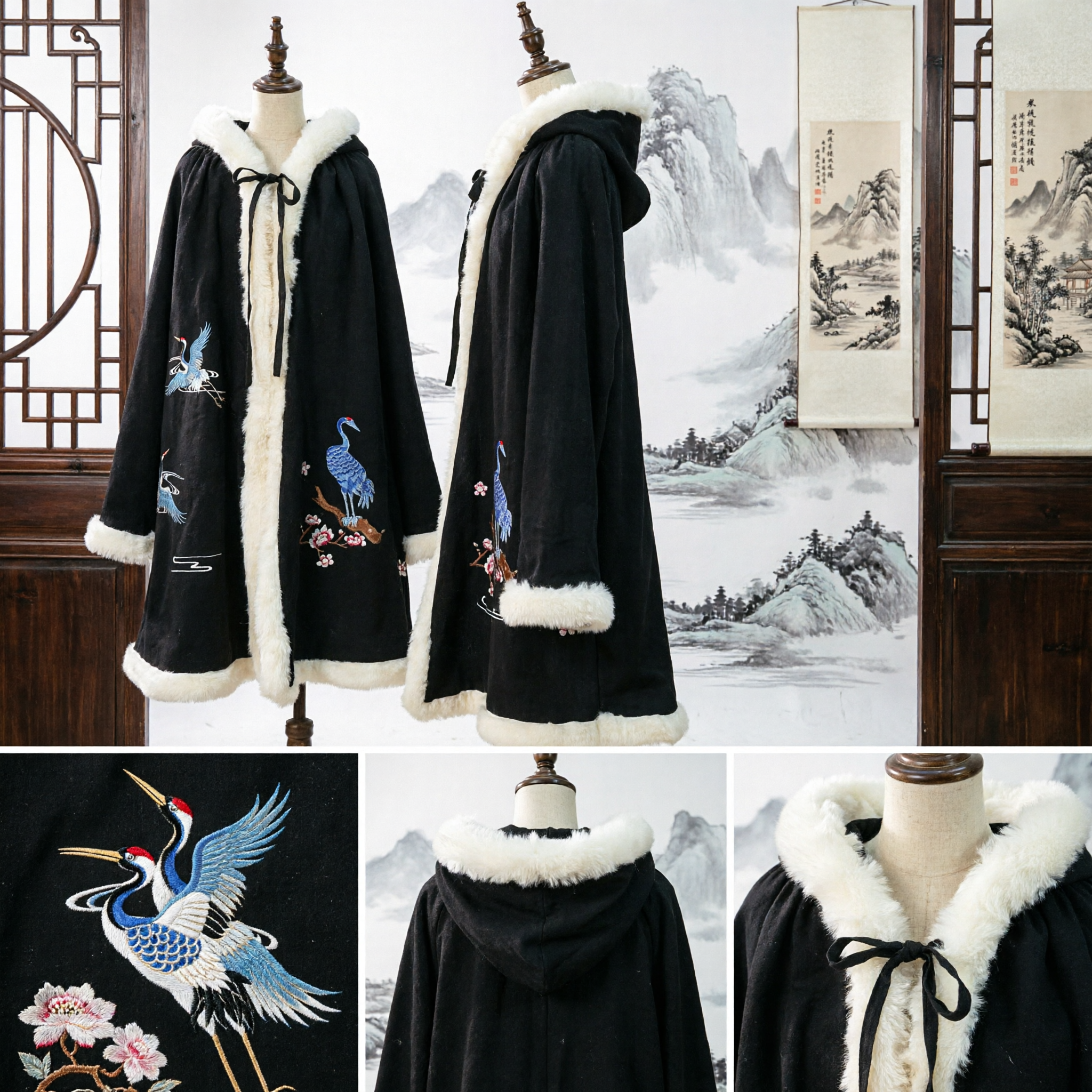 Capa de Inverno Tradicional Chinesa Hanfu, Capa Preta Bordada com Garça e Aparas de Pele Branca para Mulheres - Asian Costume