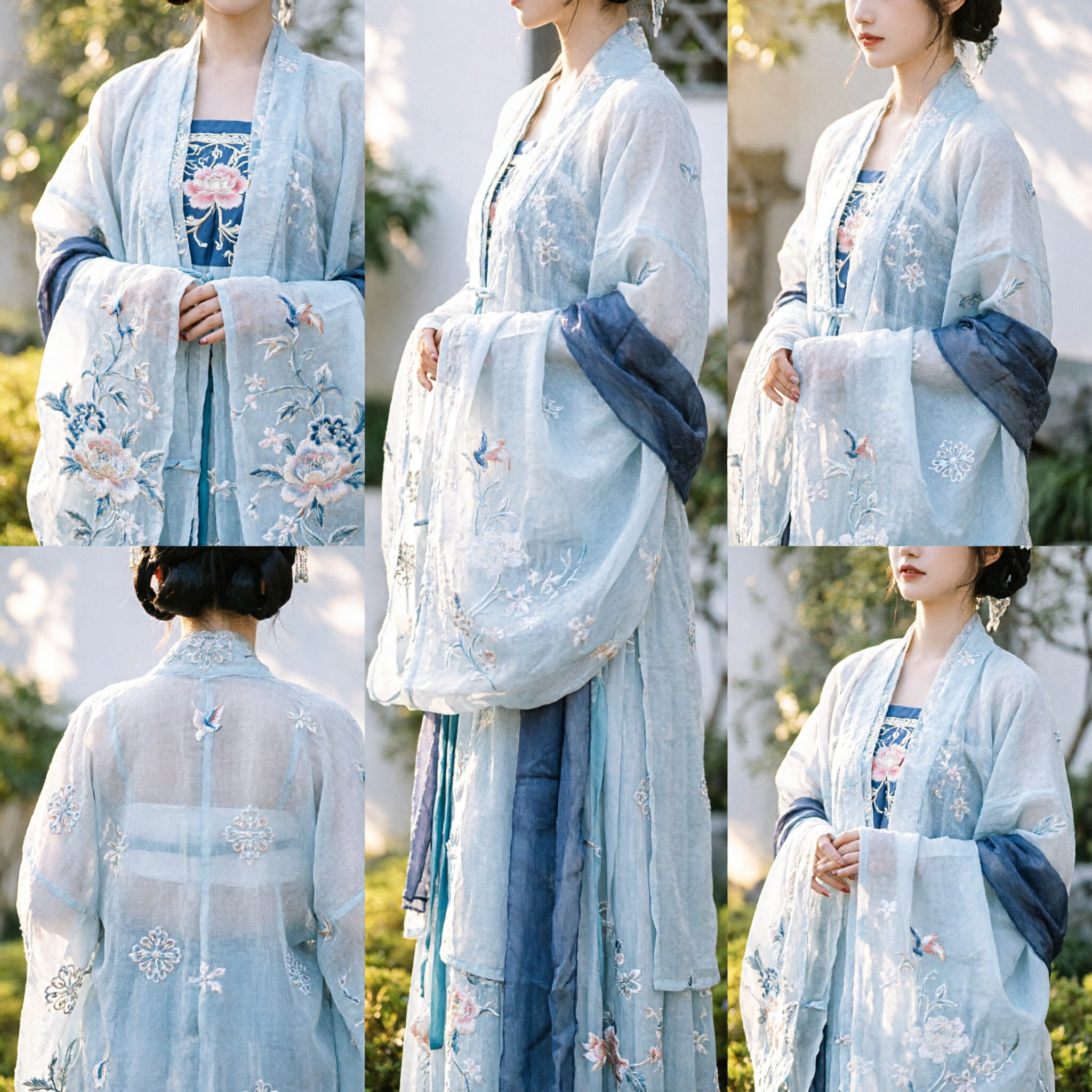 우아한 블루 전통 중국 한푸 드레스 자수 선녀 스타일 고대 의상 여성 사진 촬영용 - Asian Costume