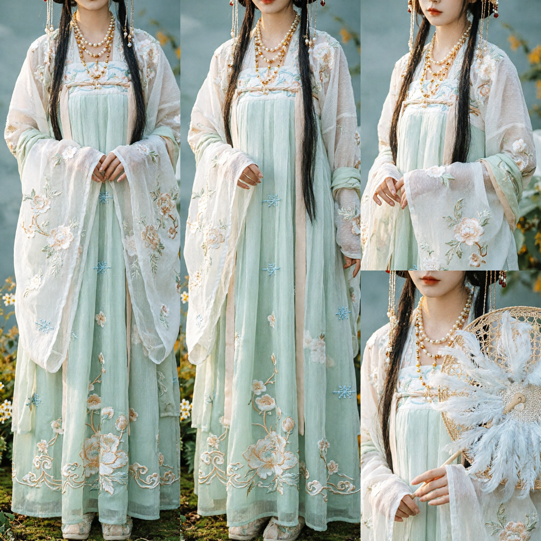 Elegantes hellgrünes chinesisches Hanfu Tang-Dynastie Stil besticktes Feenkleid Traditionelles Kostüm für Frauen - Asian Costume