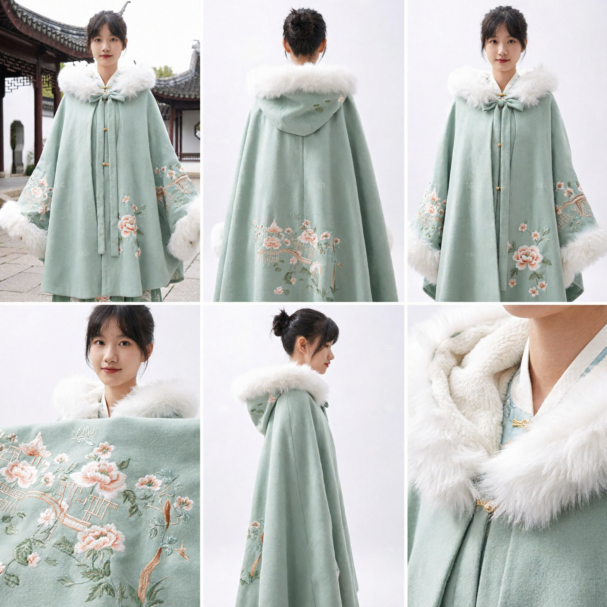 Manteau d'hiver Hanfu chinois traditionnel, cape verte brodée avec capuche en fourrure blanche pour costume ancien pour femmes - Asian Costume