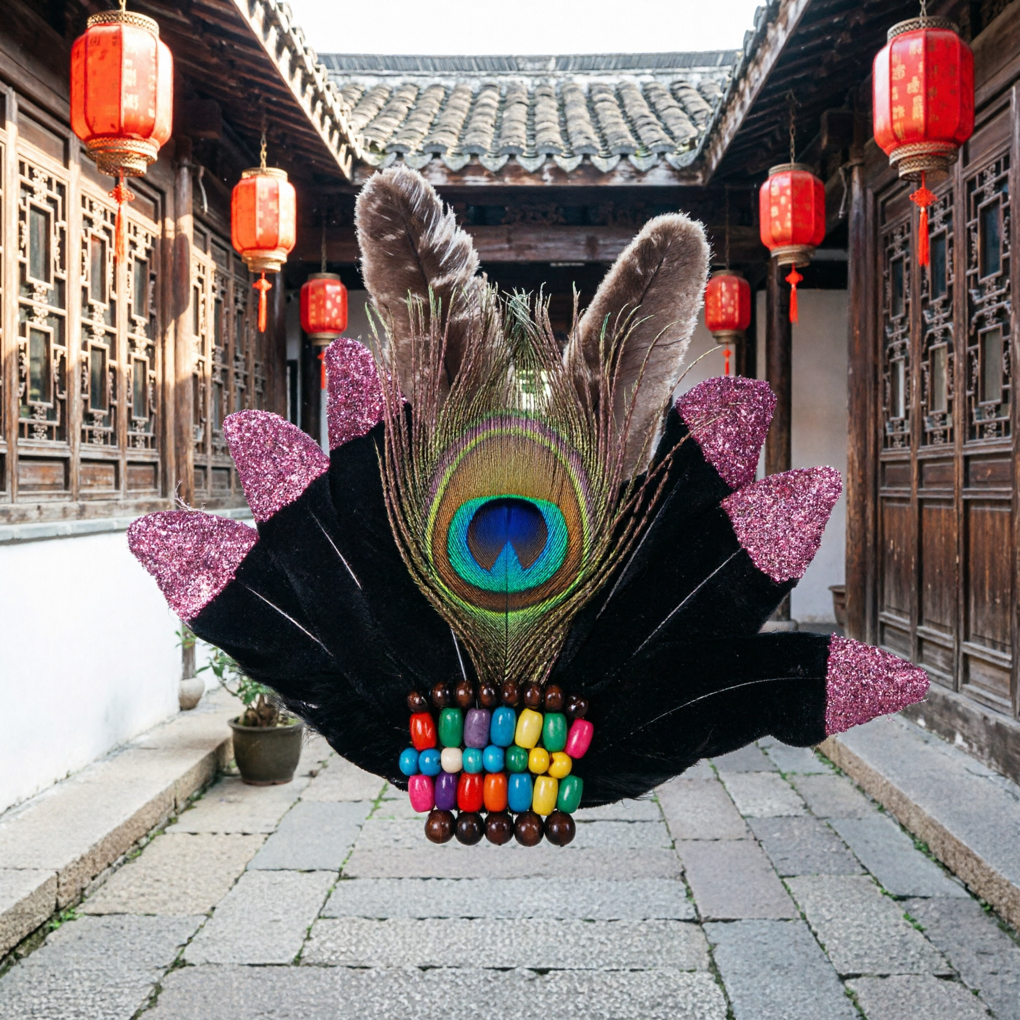 伝統的民族羽ヘッドドレス 孔雀の羽とカラフルビーズ カーニバルダンスパフォーマンス衣装用 - Asian Costume