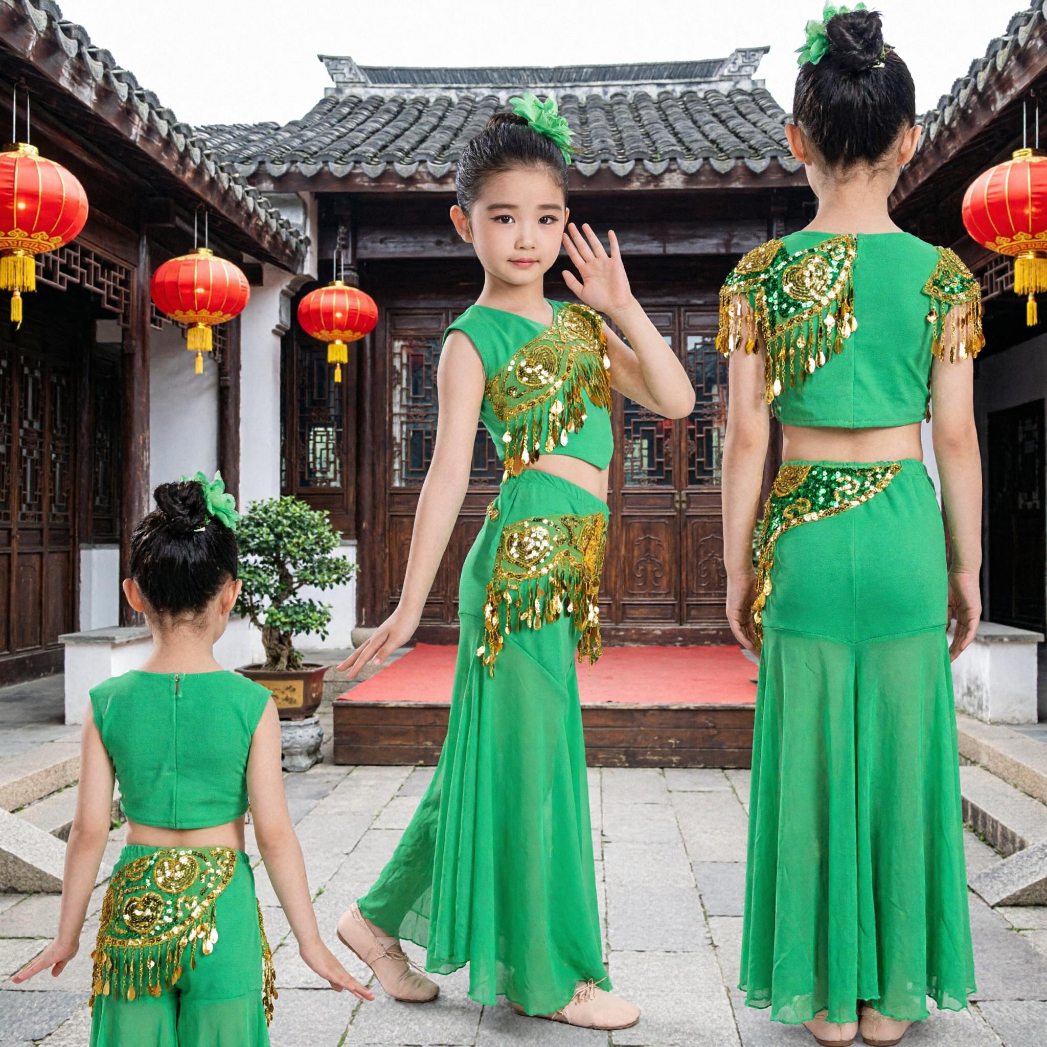 Kinderen meisjes groen Chinese Dai-danskostuum pauwen volksjurk podiumoptreden outfit met goud pailletten - Asian Costume