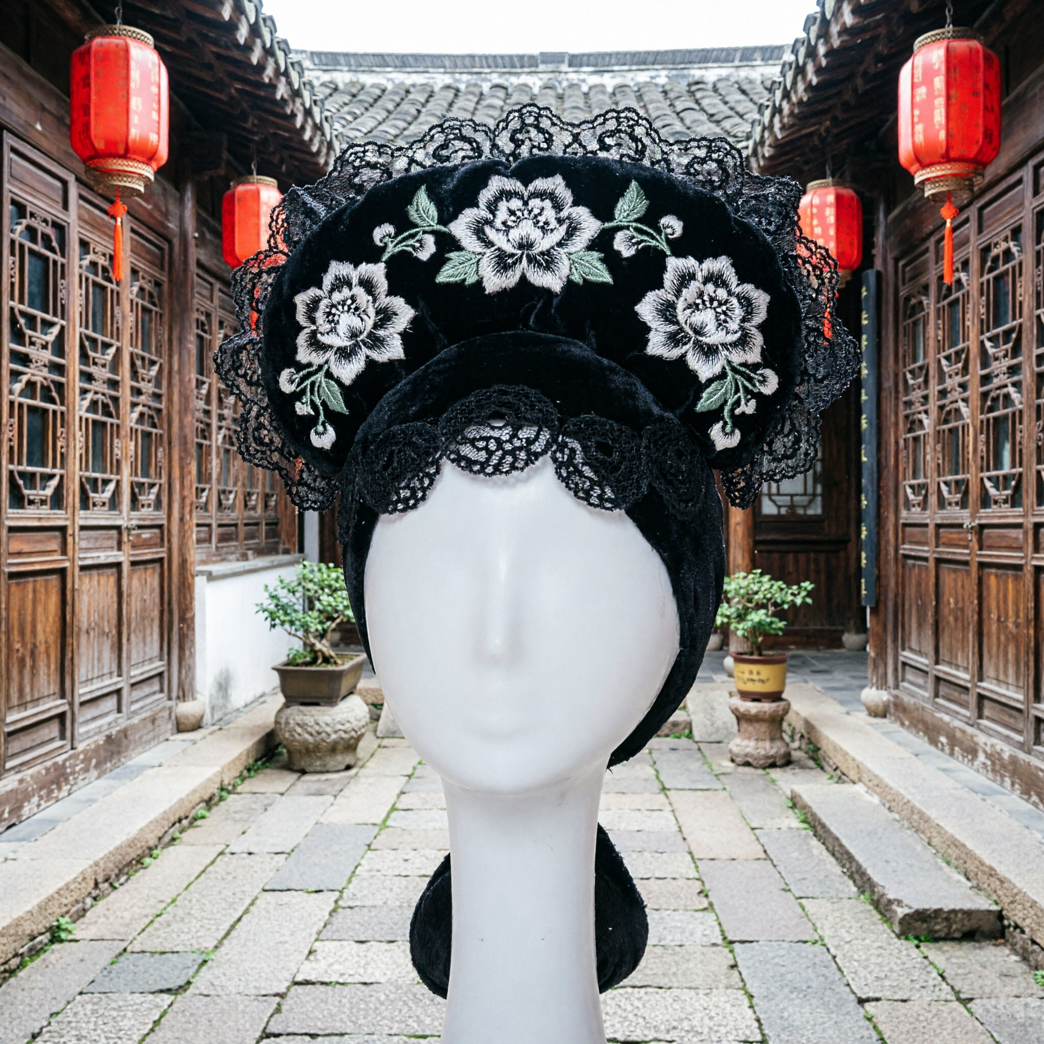 伝統的中国黒髪ウィッグ 清朝満州族貴婦人髪飾り 古代衣装コスプレ用 - Asian Costume