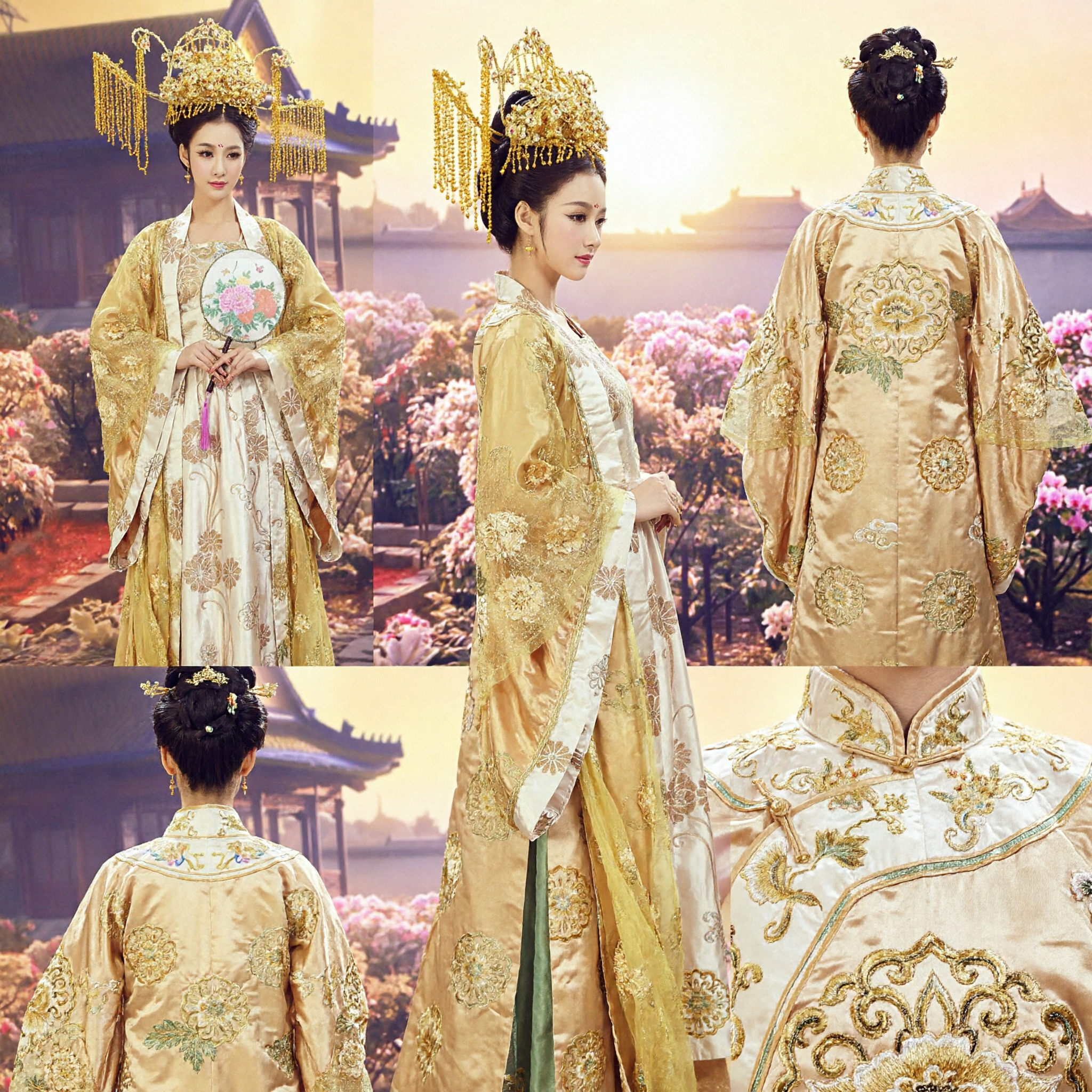 Elegante Set Completo di Costume Hanfu da Principessa Cinese Antica in Oro, con Headdress per Donne, per Cosplay e Spettacoli - Asian Costume