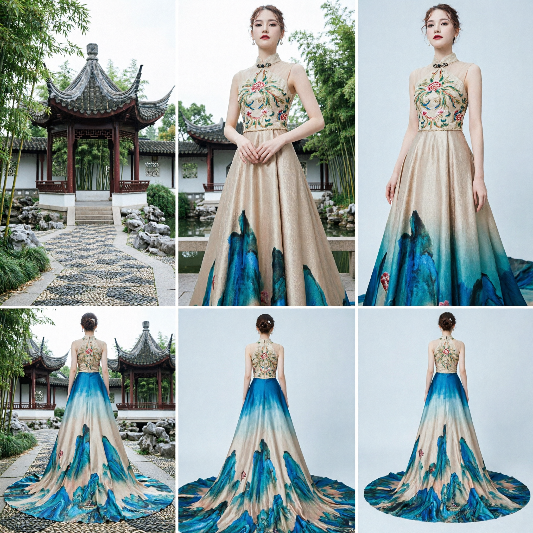 Elegante Chinese Stijl Avondjurk met Traditioneel Landschapsschilderij Print voor Formele Galas en Podium Optredens - Asian Costume
