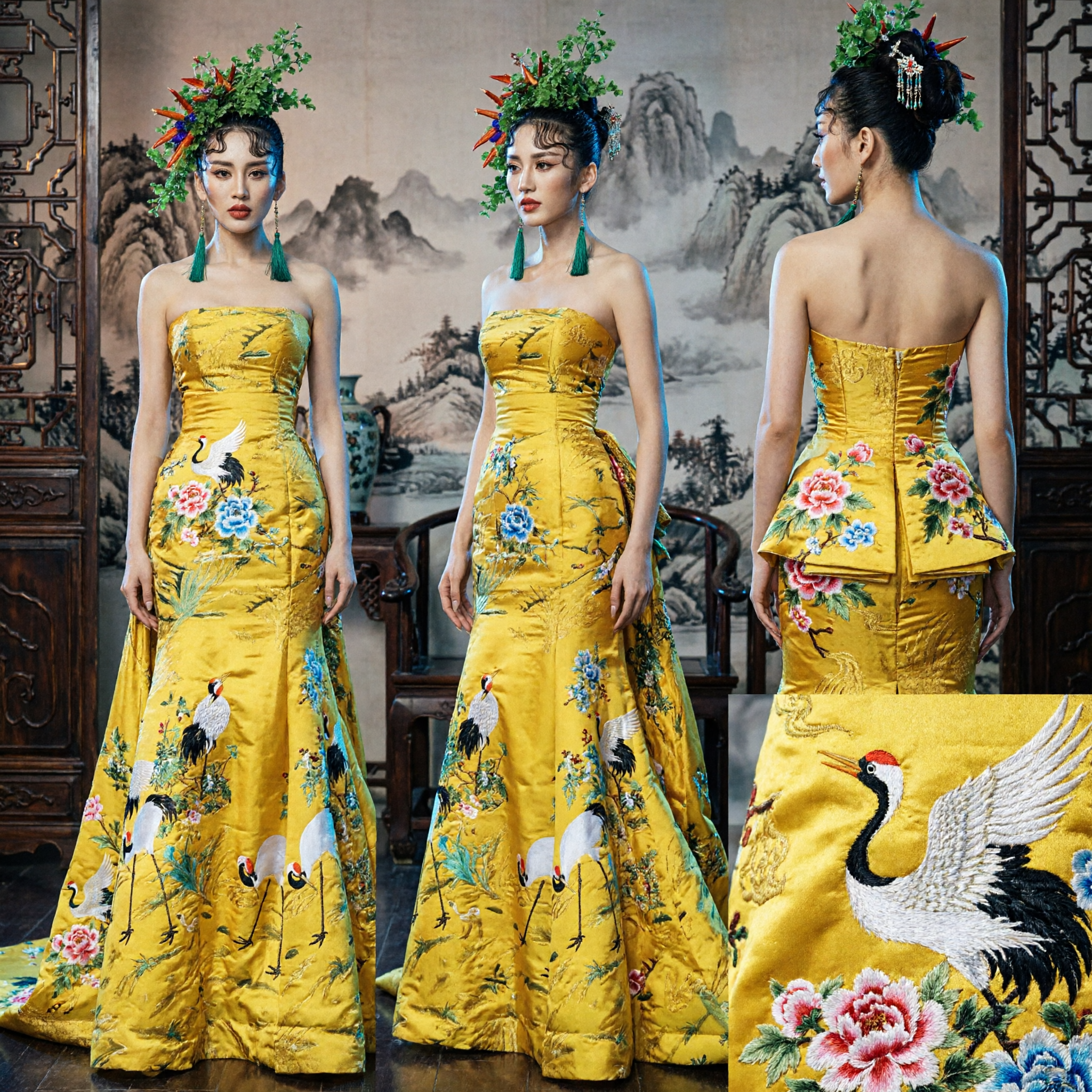 Vrouwen Gele Schouderloze Avondjurk Chinese Traditionele Kraanvogel Print Jurk voor Podium Optreden en Gala - Asian Costume