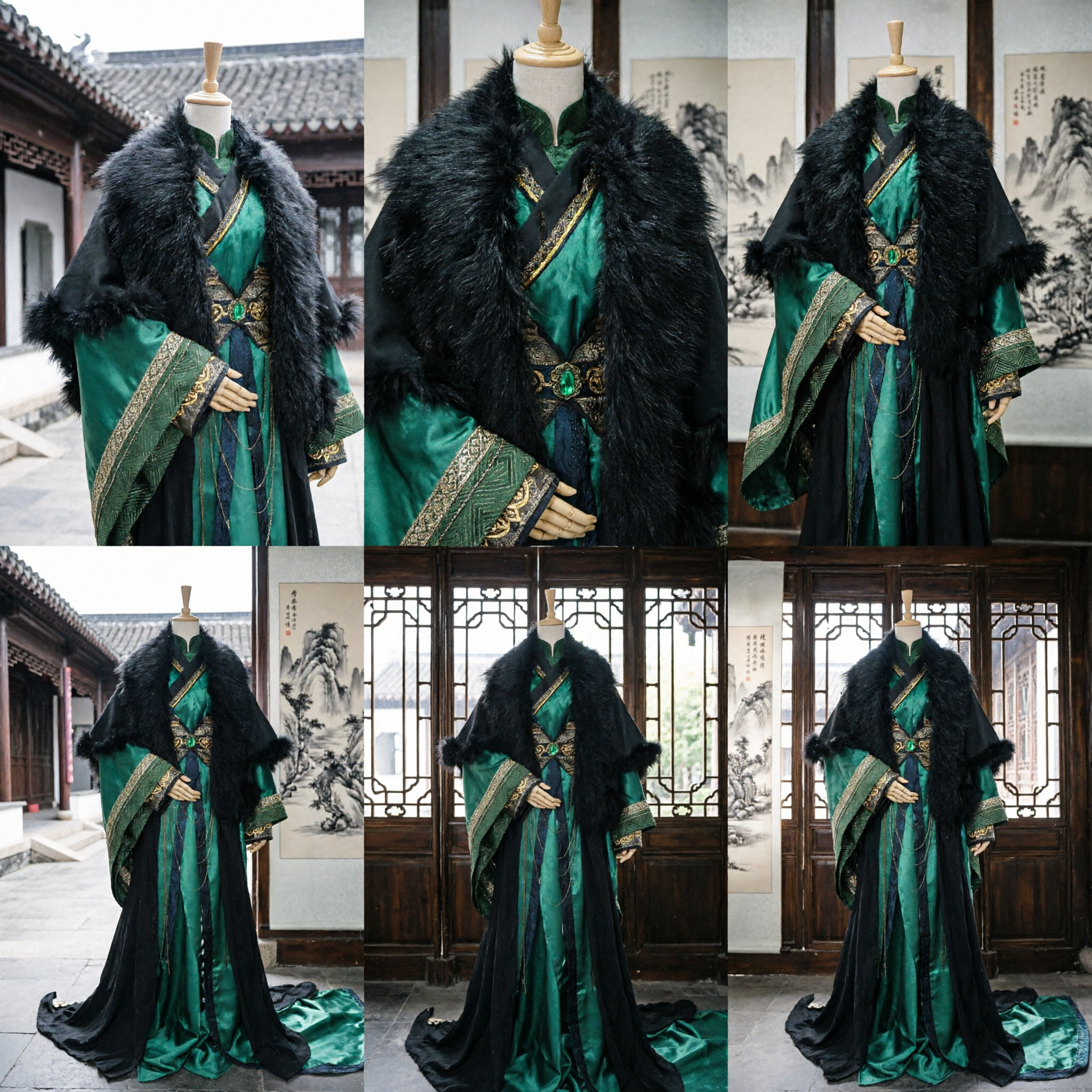 Costume de prince ancien traditionnel chinois, robe de soie verte avec cape en fourrure noire Hanfu pour cosplay pour hommes - Asian Costume