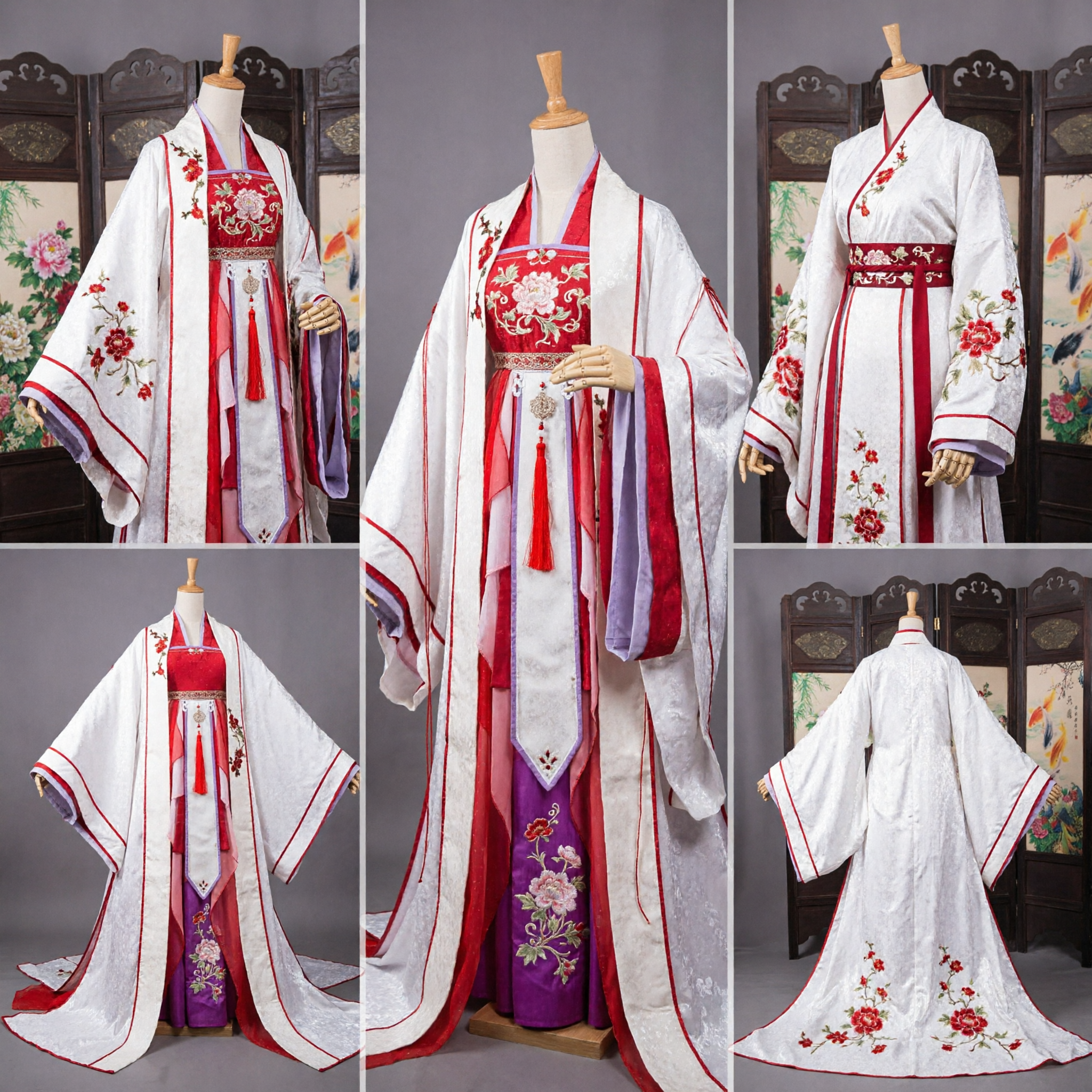 Veste Tradizionale Cinese Hanfu Ricamata in Rosso e Bianco, Costume da Dama di Palazzo Antica per Donne - Asian Costume