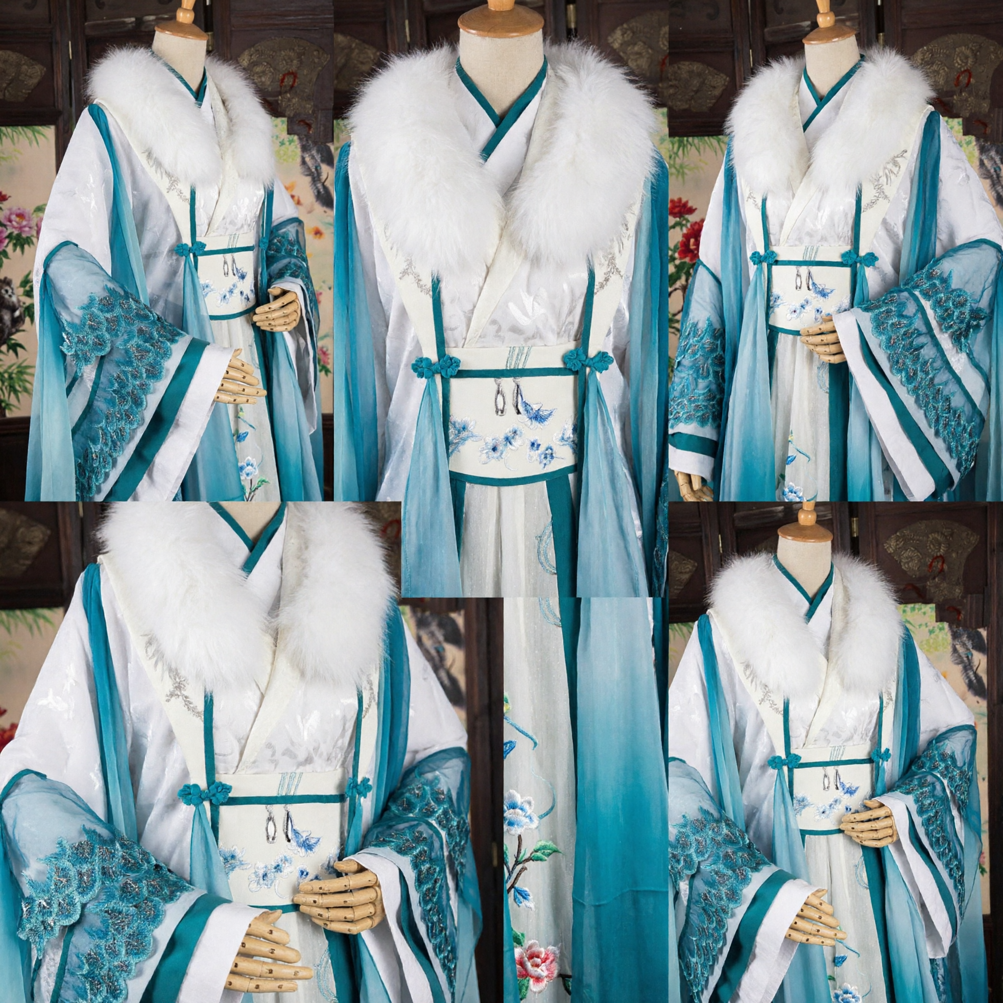 Costume ancien Hanfu traditionnel chinois, robe élégante brodée bleue et blanche avec col en fourrure pour femmes - Asian Costume