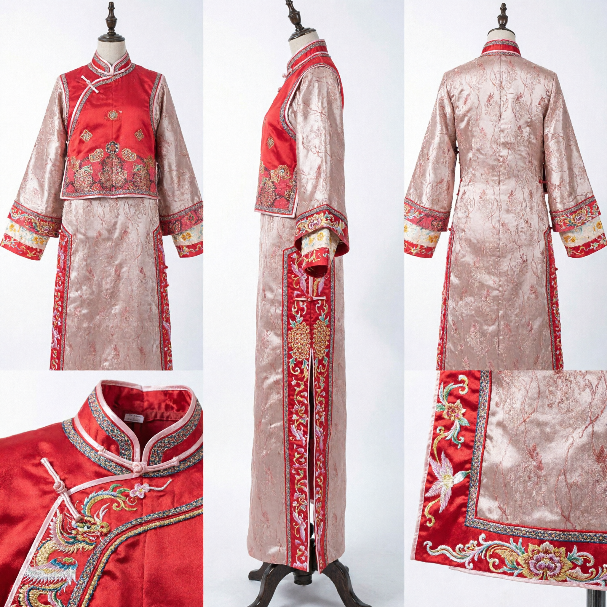 Traje Tradicional Chino de la Dinastía Qing Bordado en Seda, Atuendo Rosa Rojo de Princesa Manchu para Mujeres, para Actuación Escénica - Asian Costume