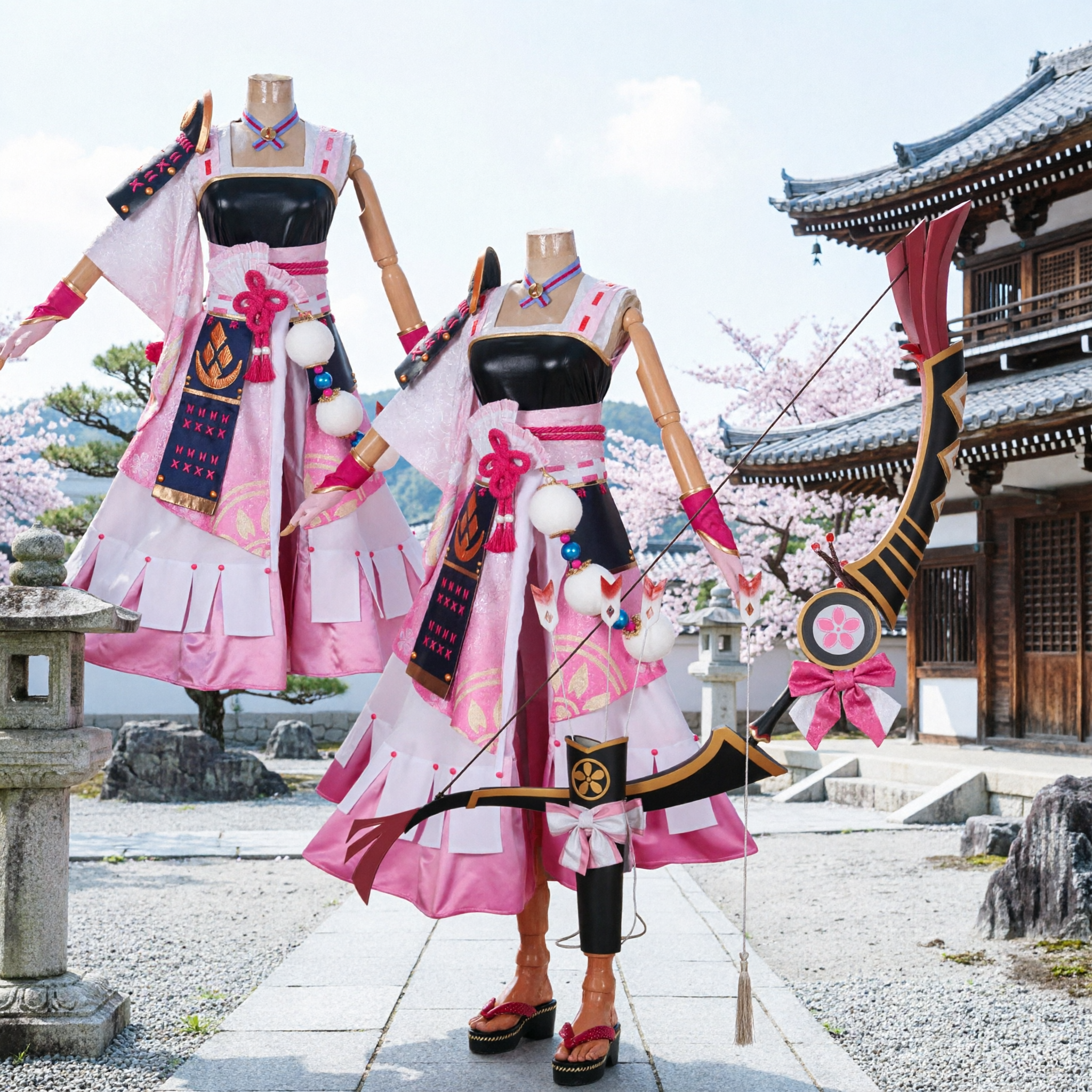 原神・八重神子コスプレ衣装、ピンクの巫女ドレス、弓付きフルセット、ハロウィン用 - Asian Costume