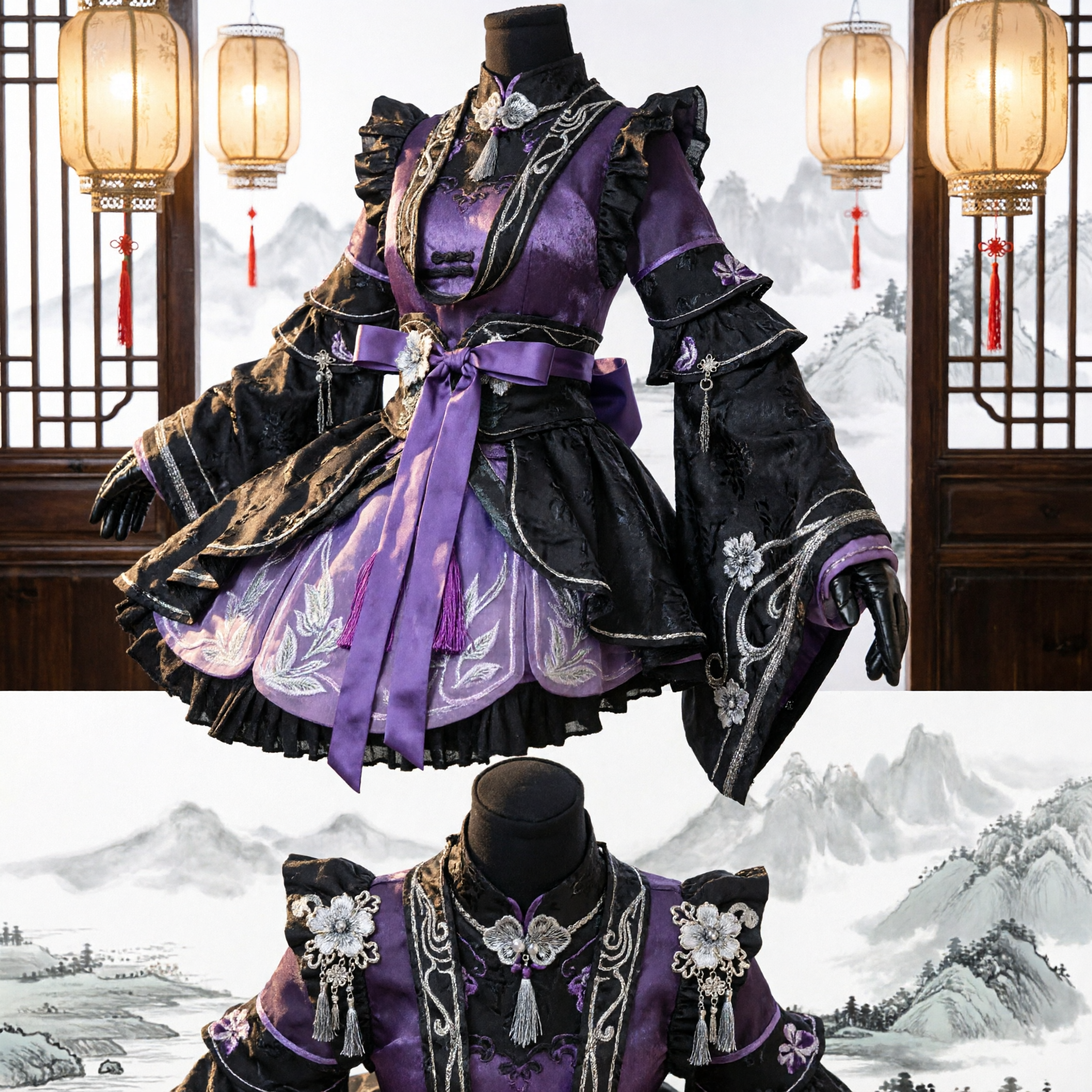 Costume Cosplay Ancien Hanfu Chinois Noir Violet Robe d'Assassin Wuxia Tenue de Guerrier Fantastique pour Femmes - Asian Costume